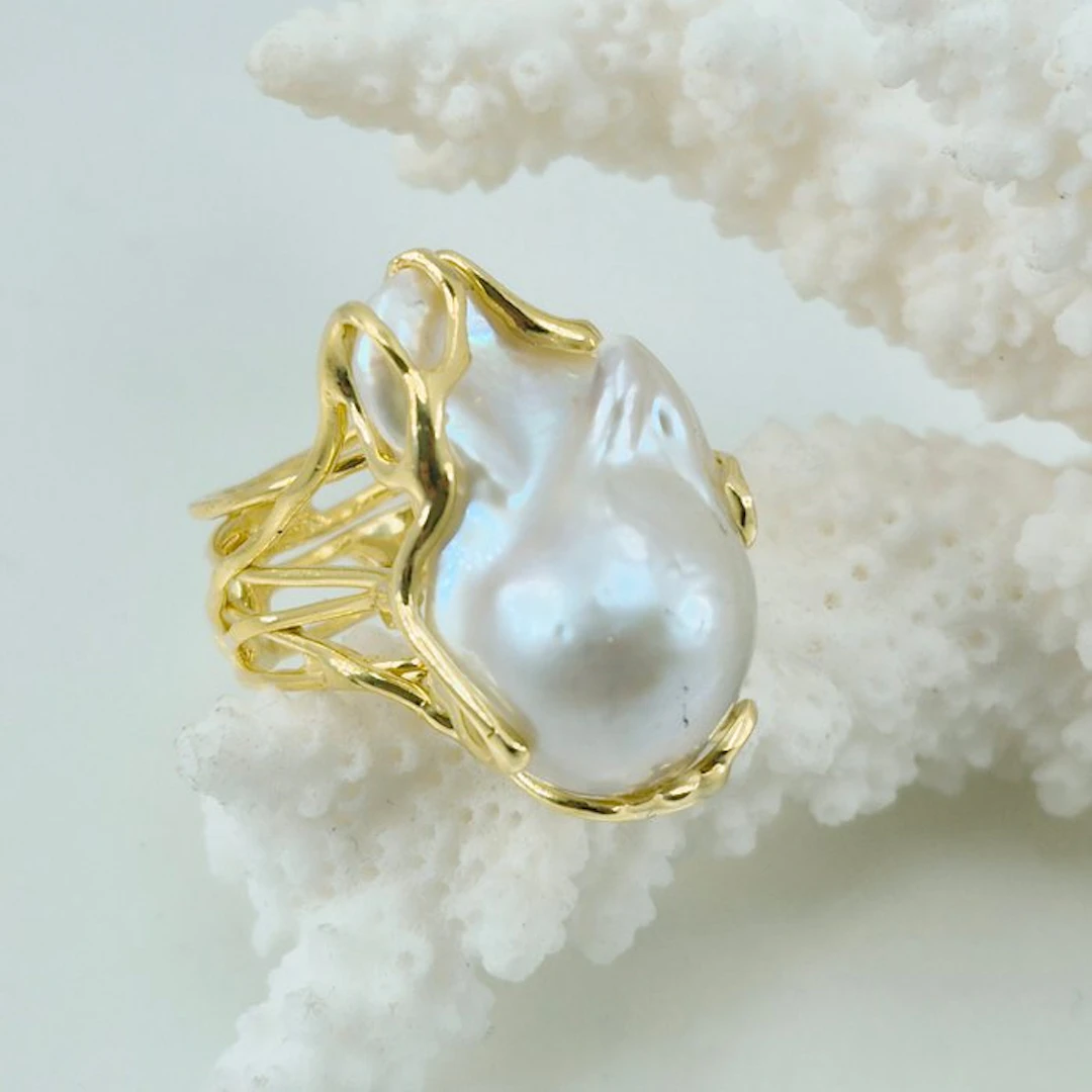 Silver, Gold-plated - Ring - Asian Baroque Pearl