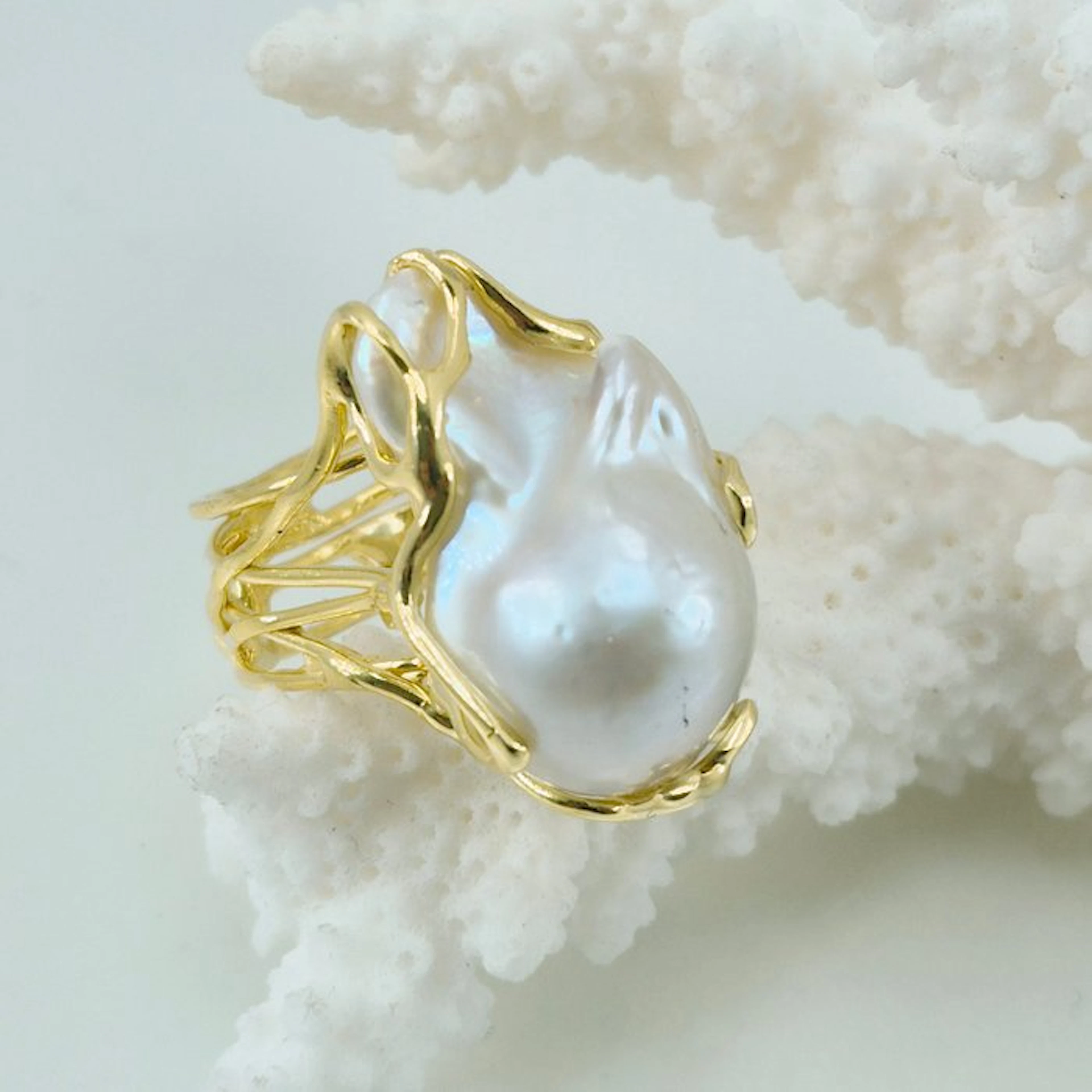 Silver, Gold-plated - Ring - Asian Baroque Pearl