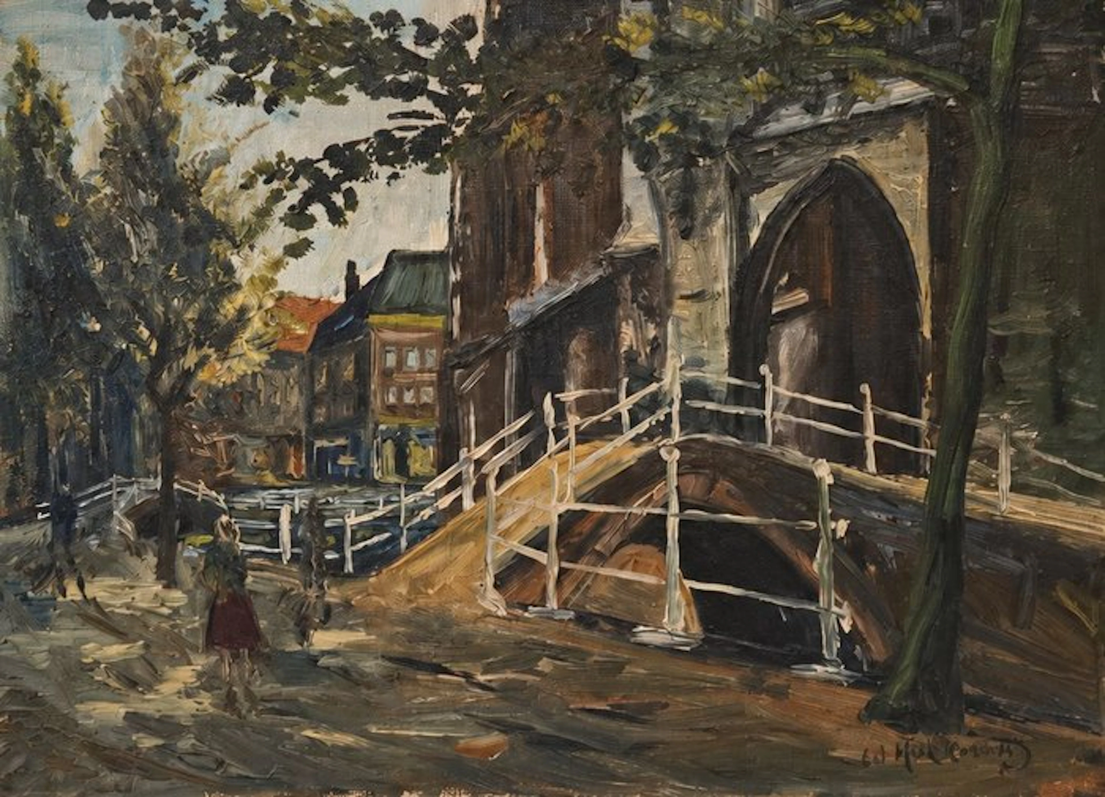 Gerardus Hurkmans (1911-?) - Town View with Figures