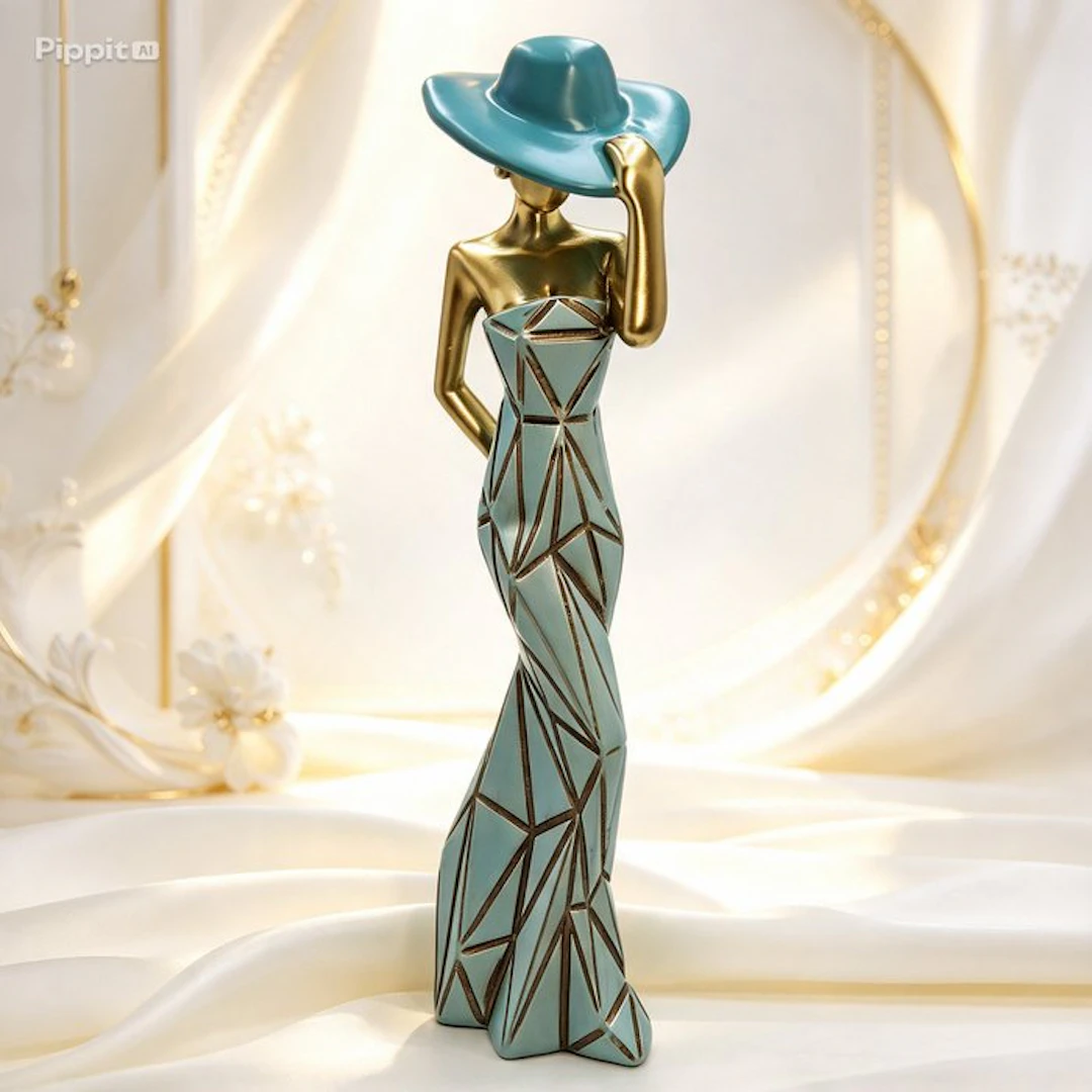 Figurine - Scultura di Dama con Cappello in Resina e Dettagli Dorati - Resin