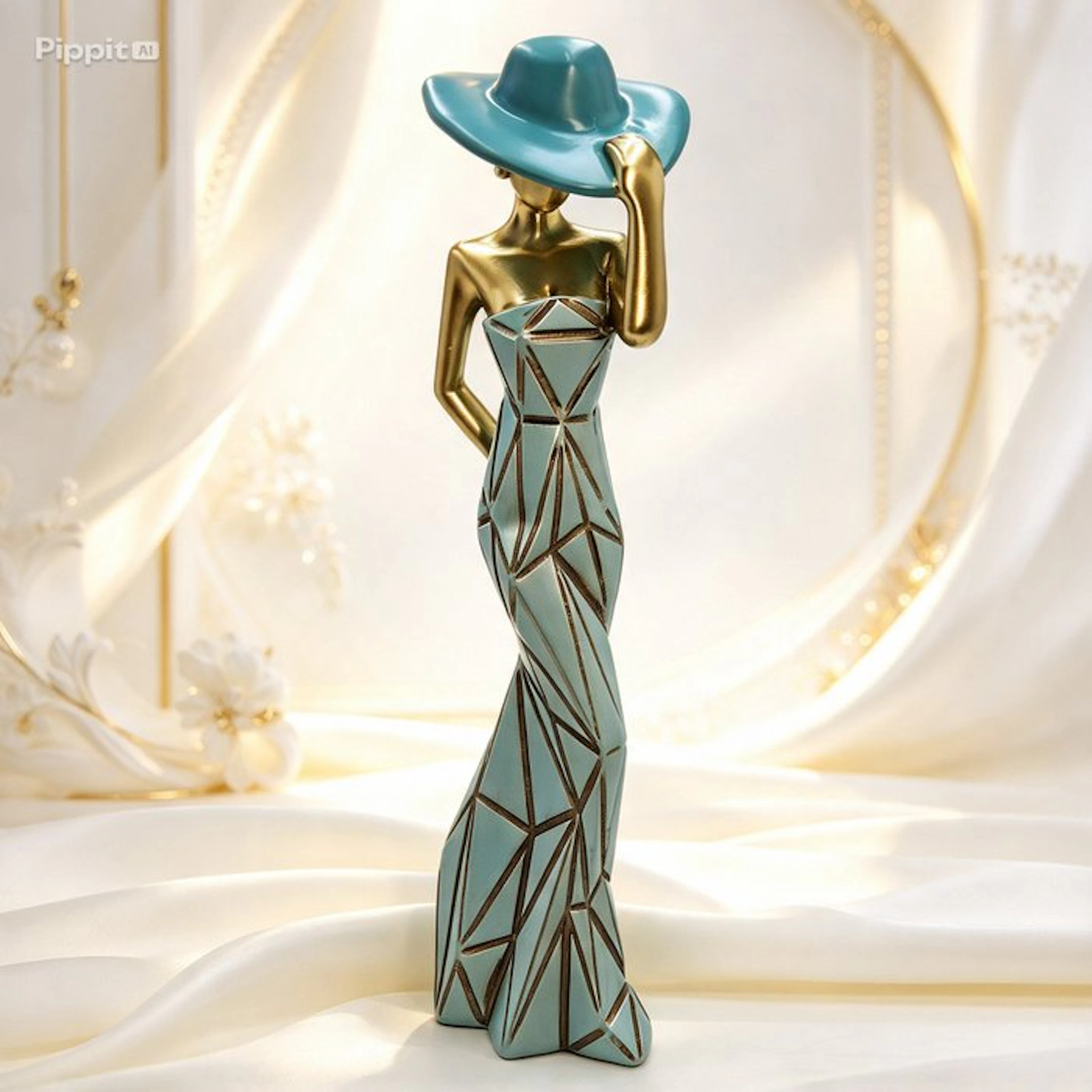 Figurine - Scultura di Dama con Cappello in Resina e Dettagli Dorati - Resin