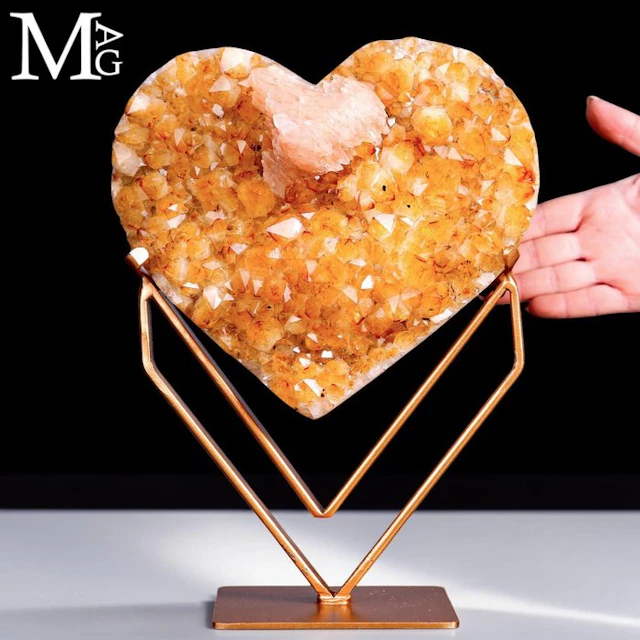 Exquisite Carved Citrine Quartz Heart with Pink...