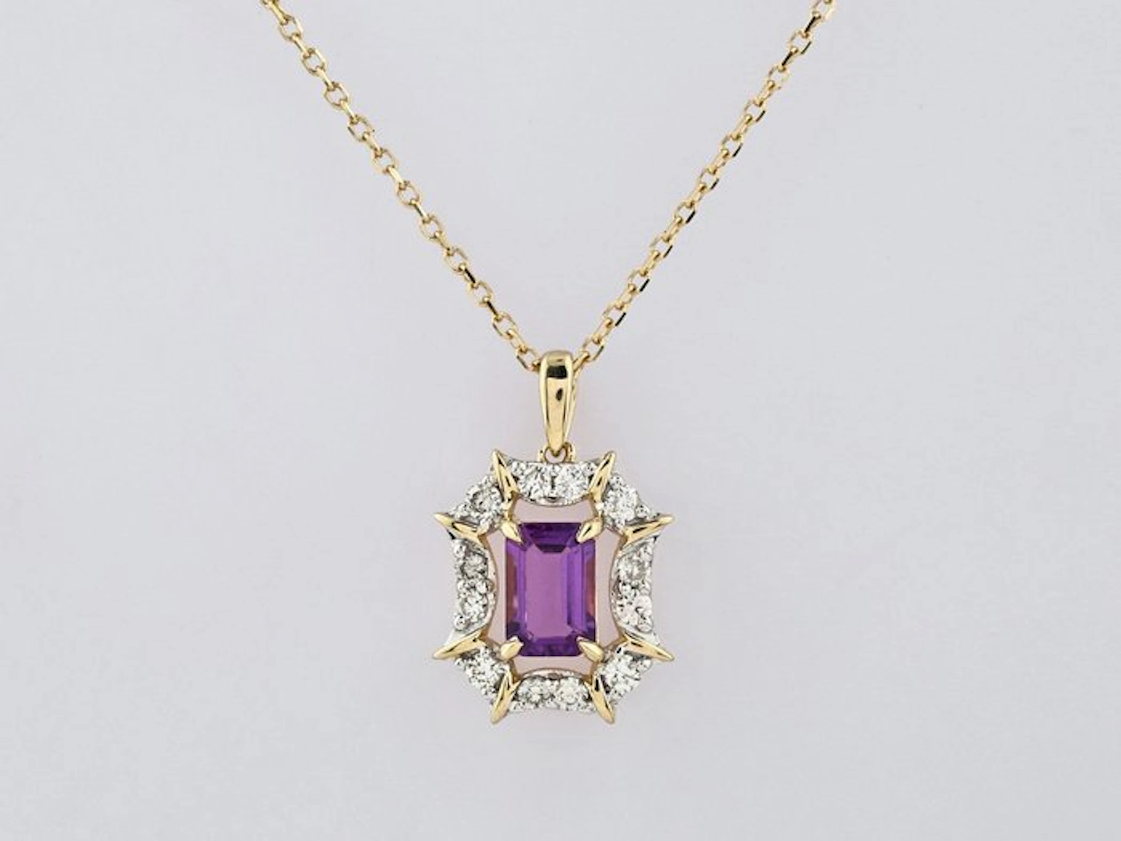 Necklace with pendant - 14 kt. Yellow gold - 0.67ct. tw. Amethyst - Diamond