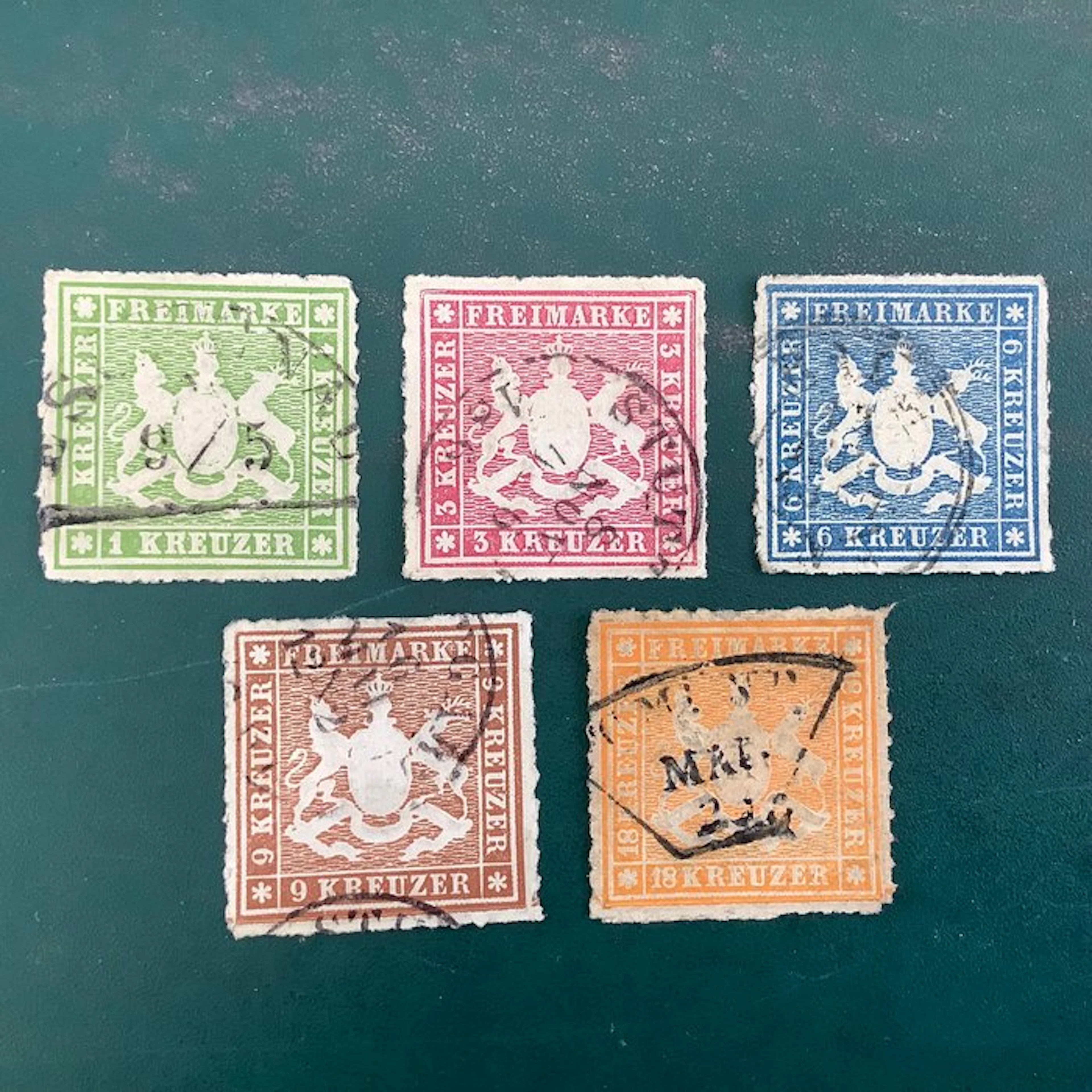 Württemberg 1865 - Complete coat-of-arms issue with the proper 18 Kreuzer stamp