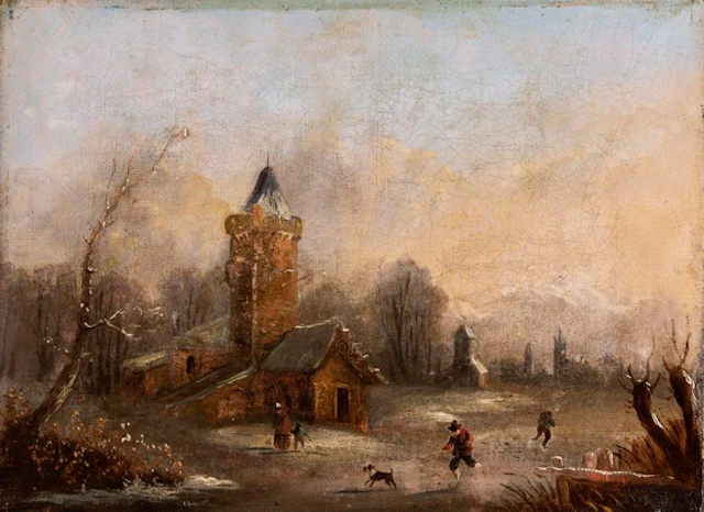 Dutch school (XVIII) - Paesaggio con pattinatori