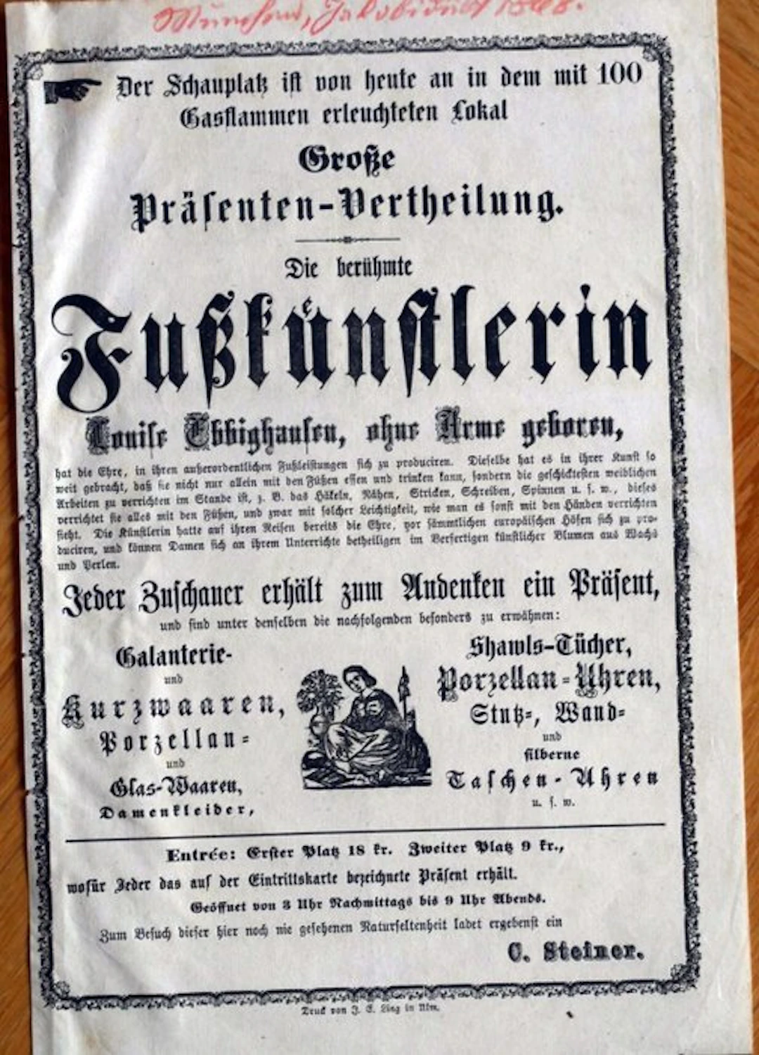 Die berühmte Fußkünstlerin Louise Ebbighausen, ohne Arme geboren - 1868
