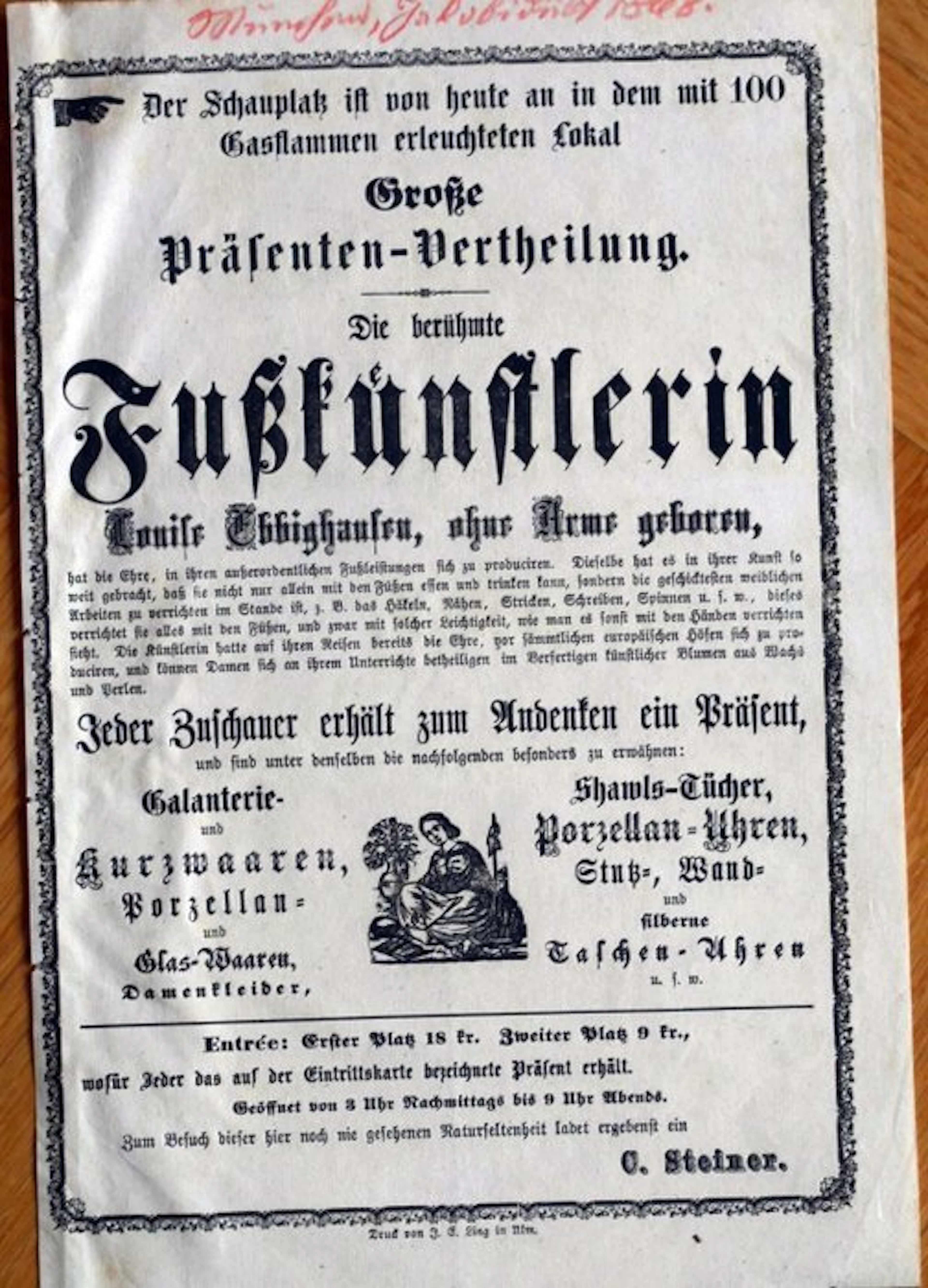 Die berühmte Fußkünstlerin Louise Ebbighausen, ohne Arme geboren - 1868