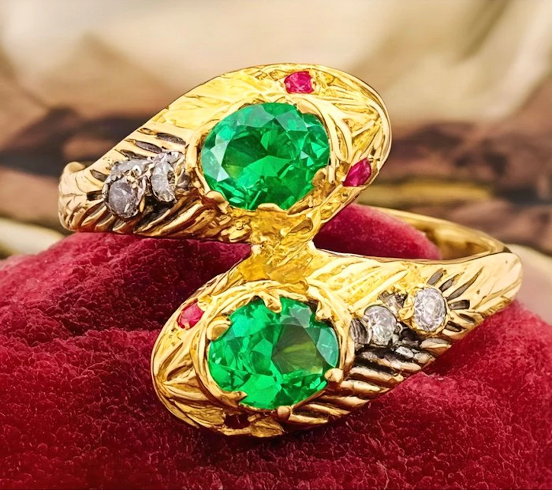 No reserve price - Ring - 9 kt. Yellow gold, Silver Emerald - Ruby