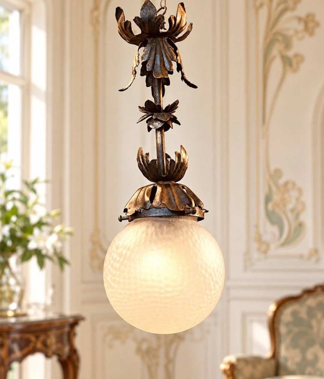 Hanging lamp - Opaline glass, Wrought iron