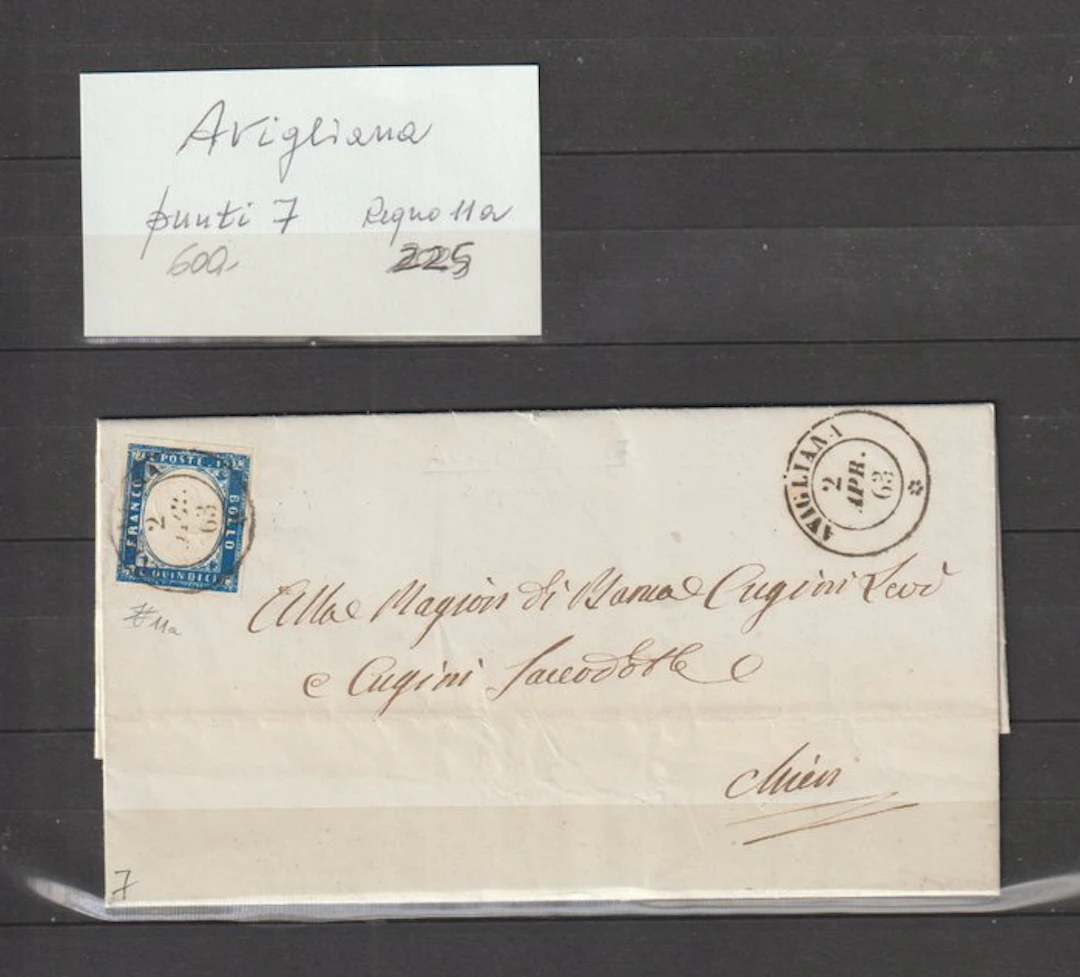 Italy Kingdom 1863 - Letter with Avigliana postmark, 7 points - sassone 11a