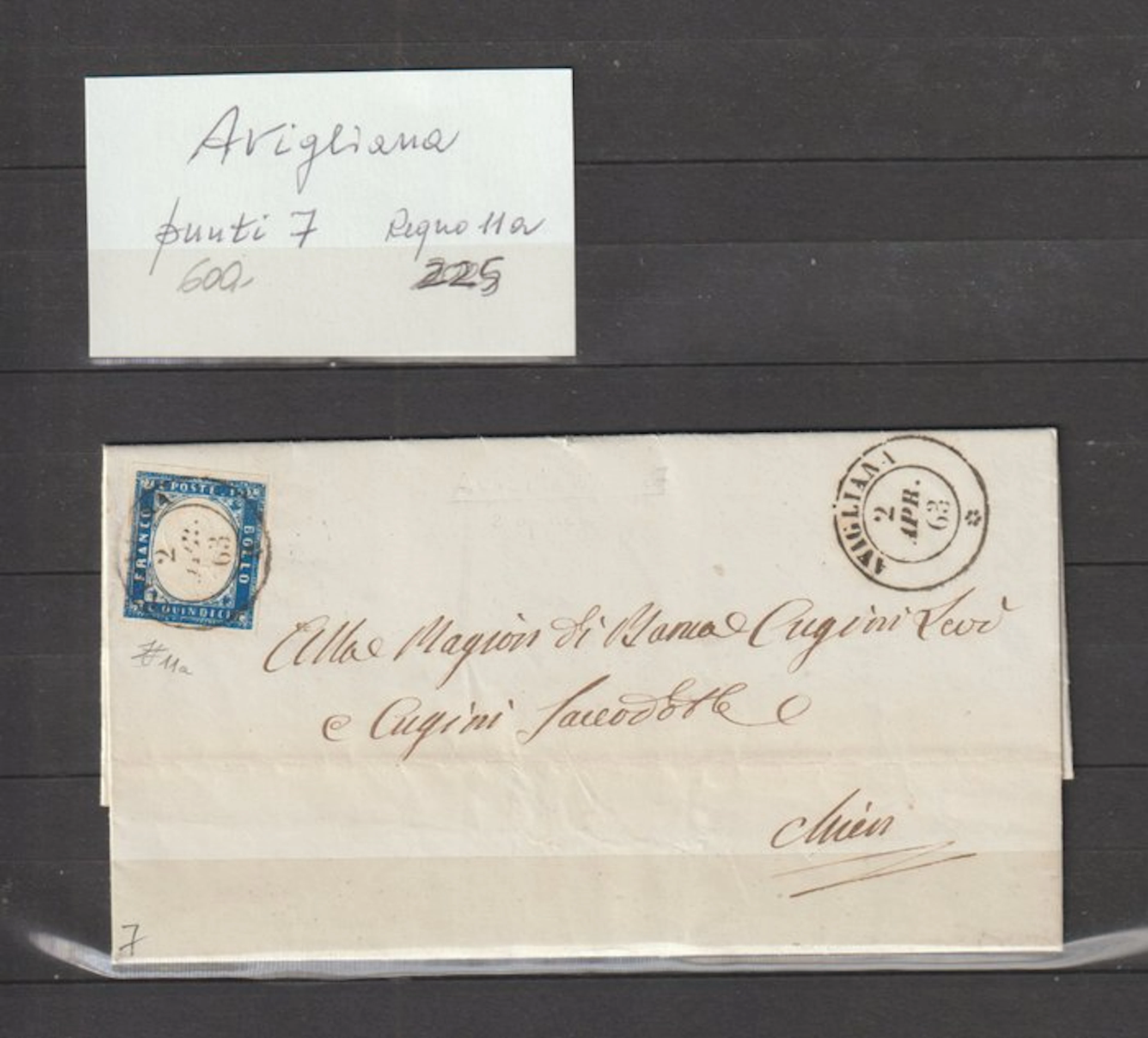 Italy Kingdom 1863 - Letter with Avigliana postmark, 7 points - sassone 11a