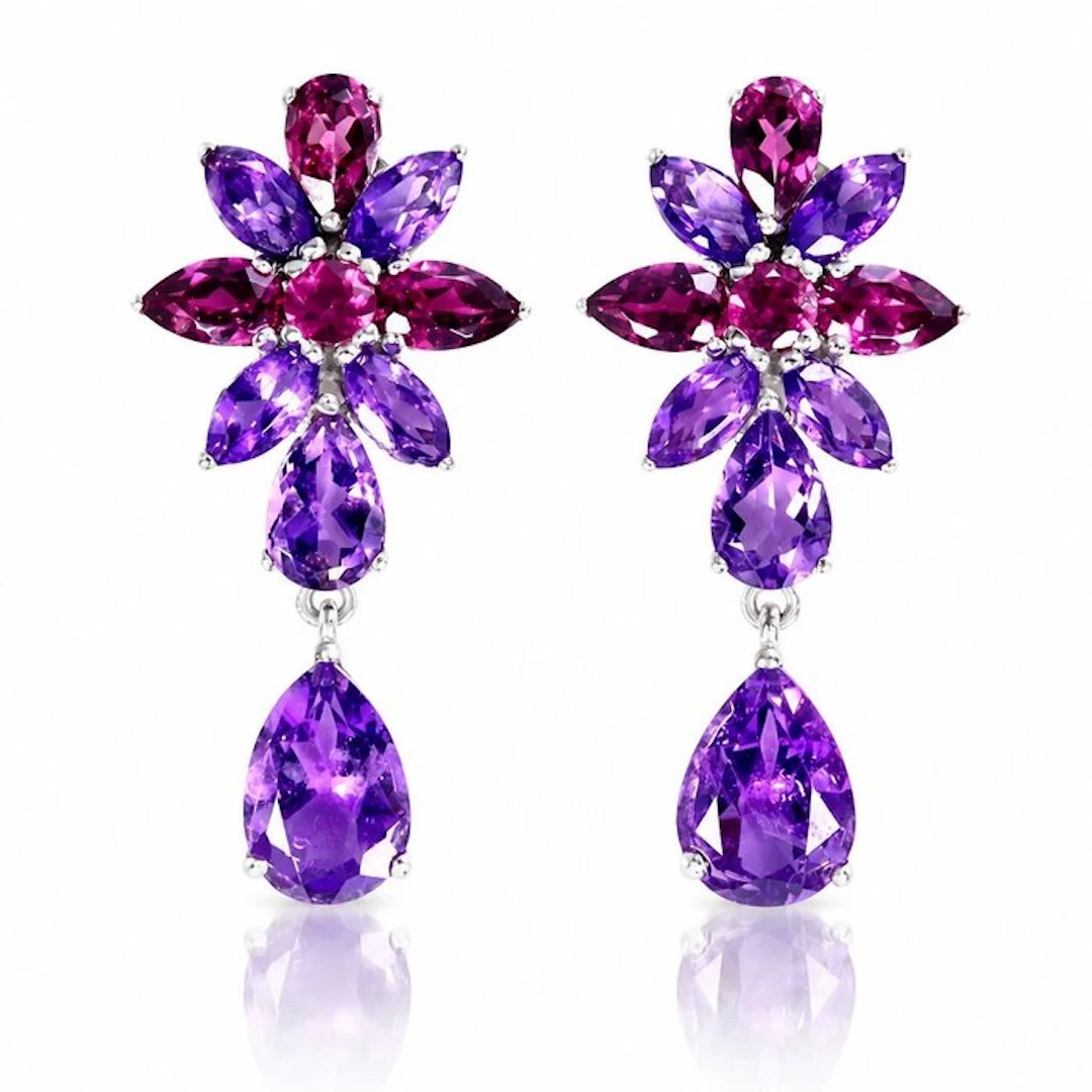 No reserve price - Earrings 925 silver, Amethyst, Rhodolite