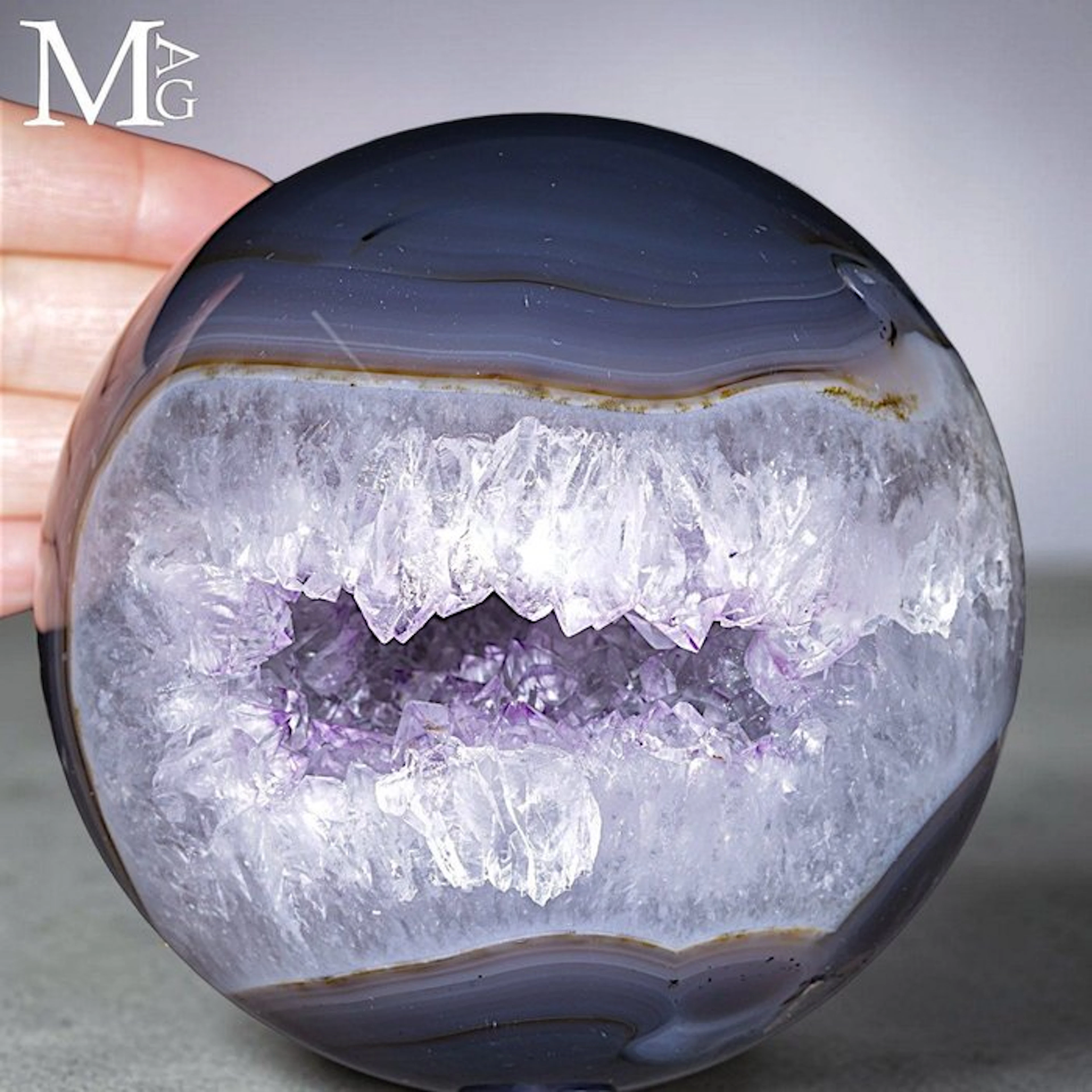 Banded Agate Sphere - Sparkling Amethyst Geode Cavity...