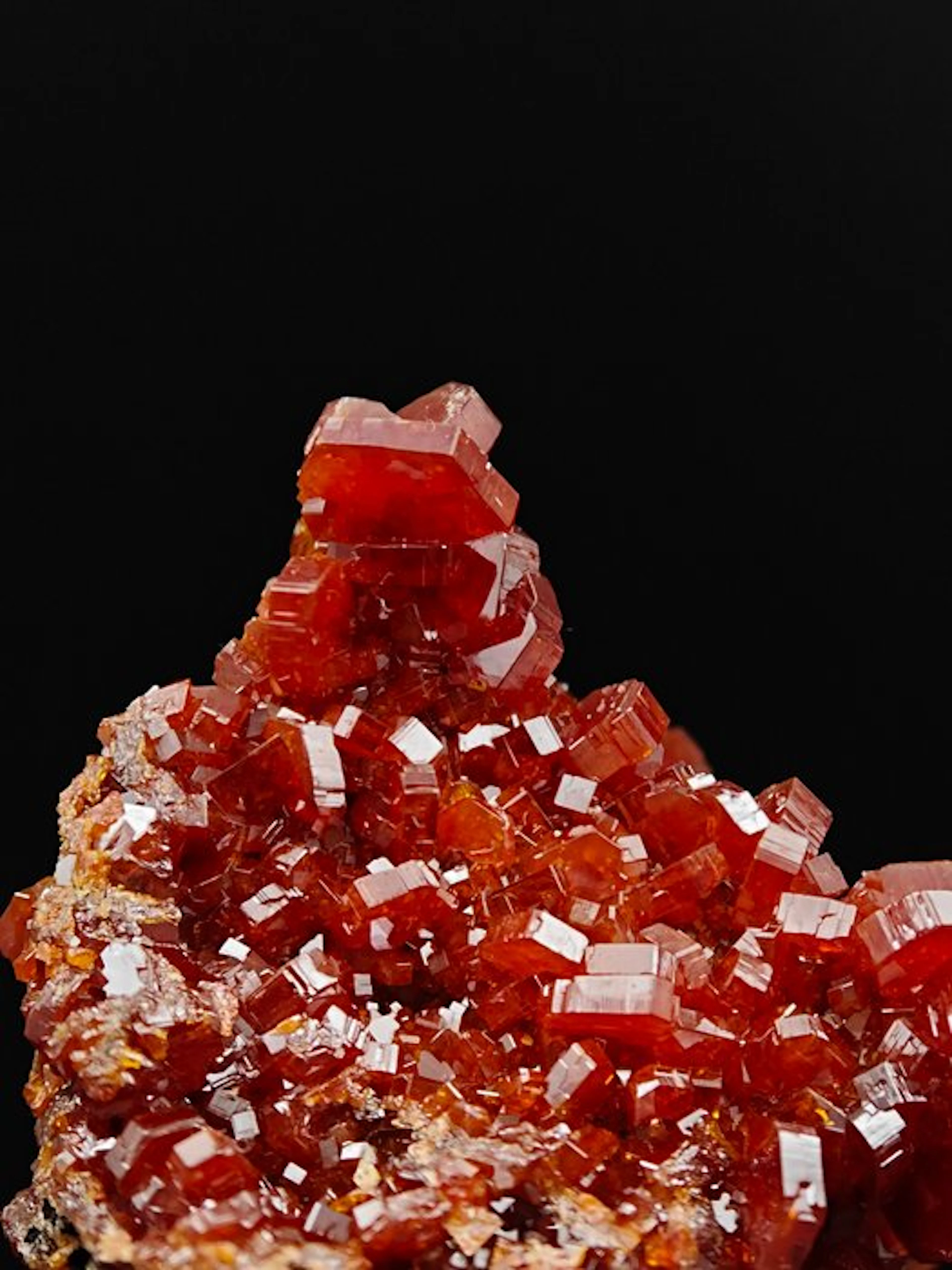Blood-red vanadinite on white barite Crystals on matrix...