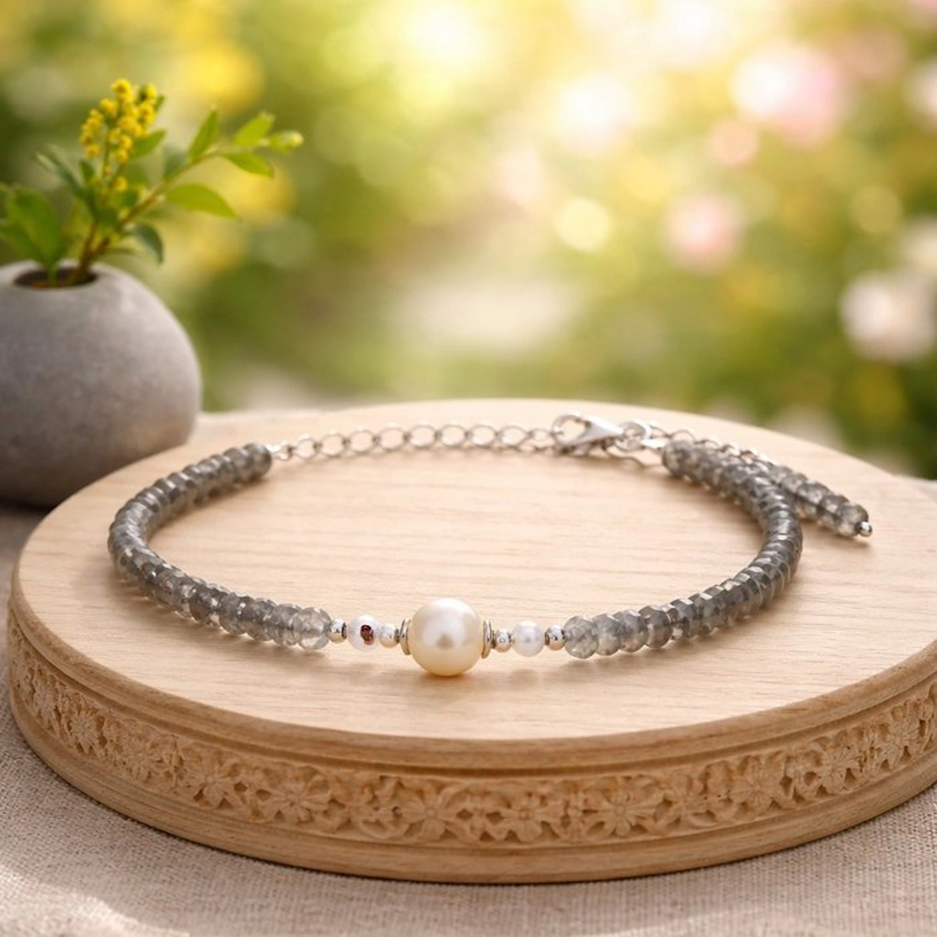 Silver - Bracelet - Akoya pearls, labradorite