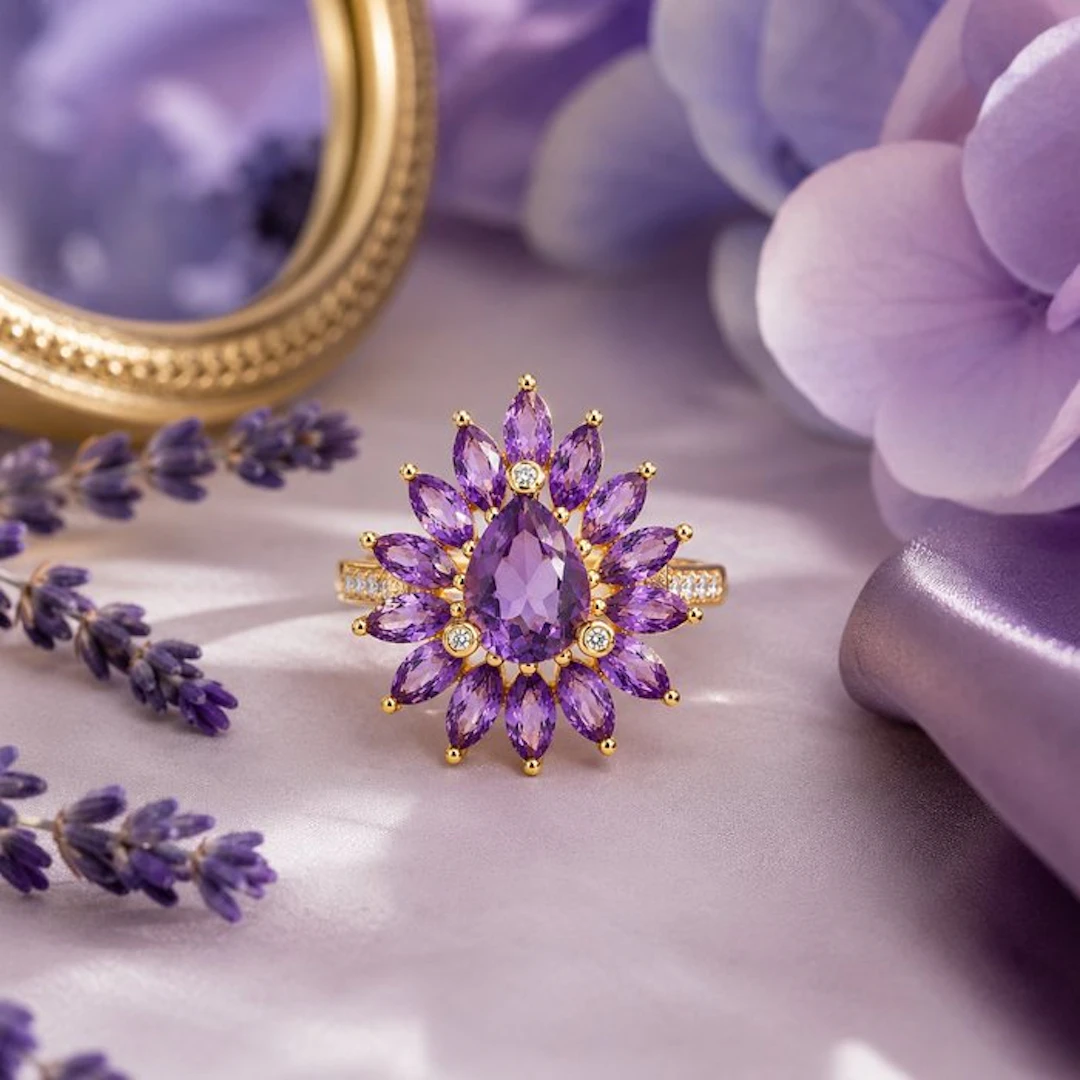 No reserve price - Ring Gold-plated Amethyst - Diamond - 18K Gold Plated