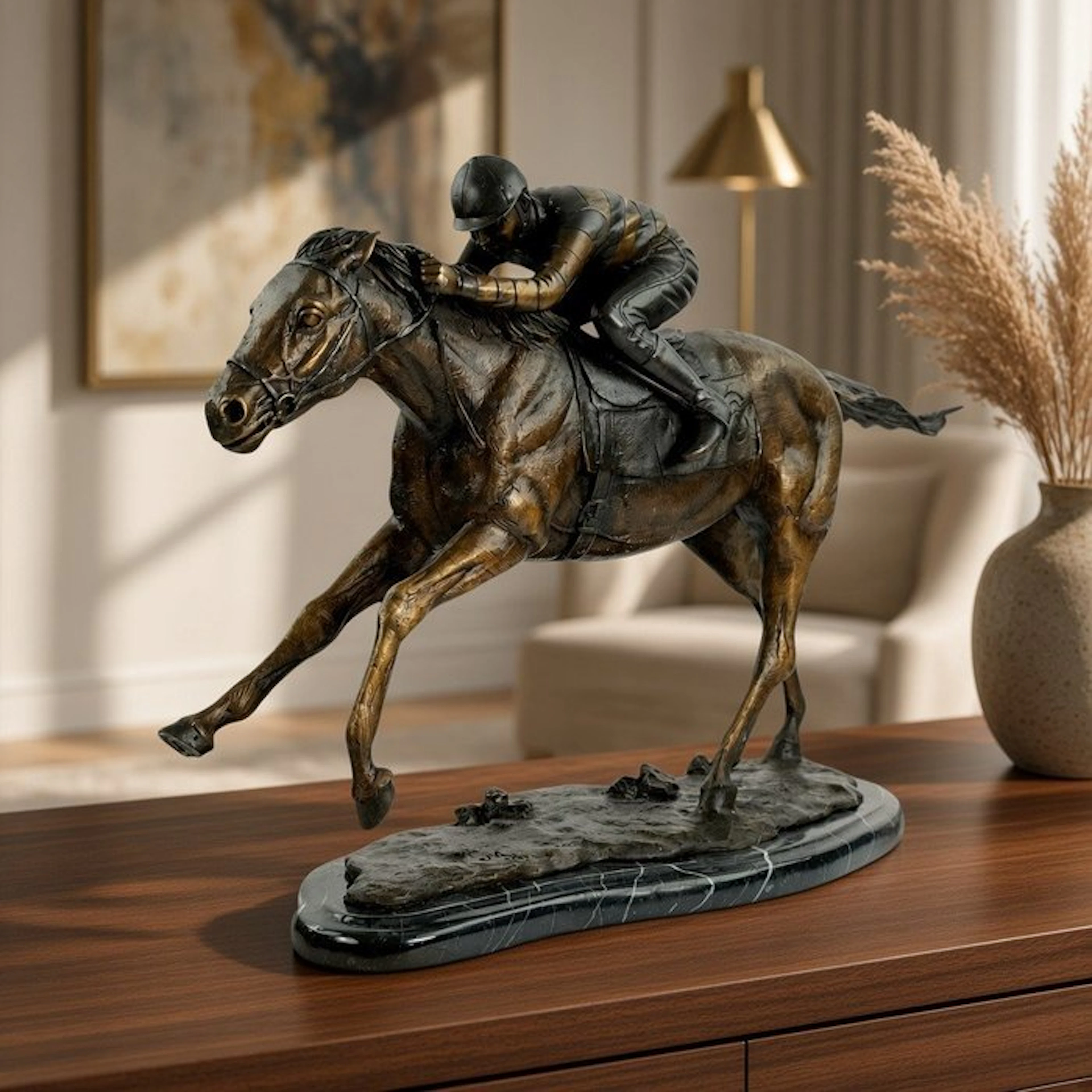 Signed MB - Sculpture, Jockey on Racehorse - 54 cm - 9.3 kg - 34 cm - Bronze