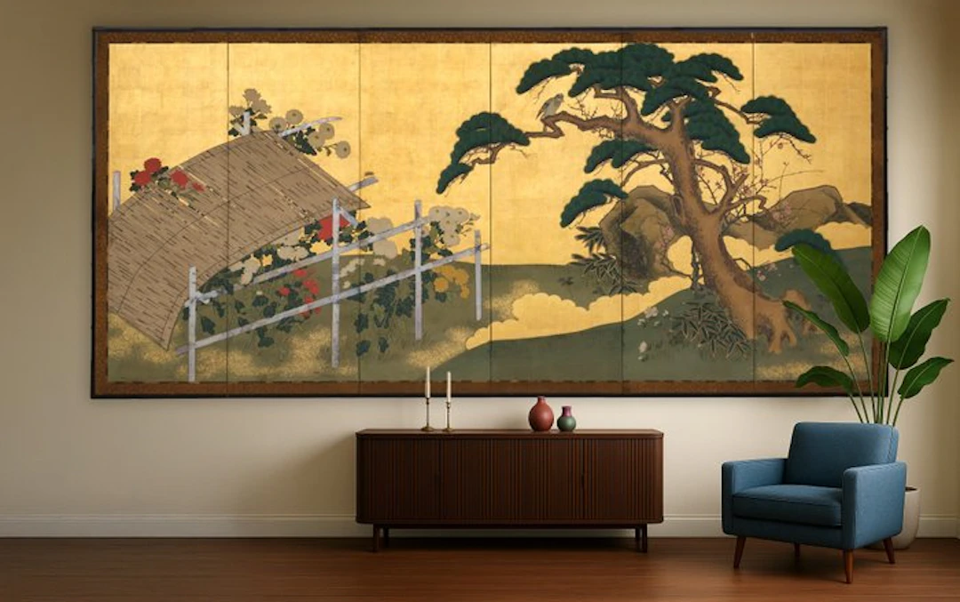 Folding screen with chrysanthemum garden - Mulberry paper