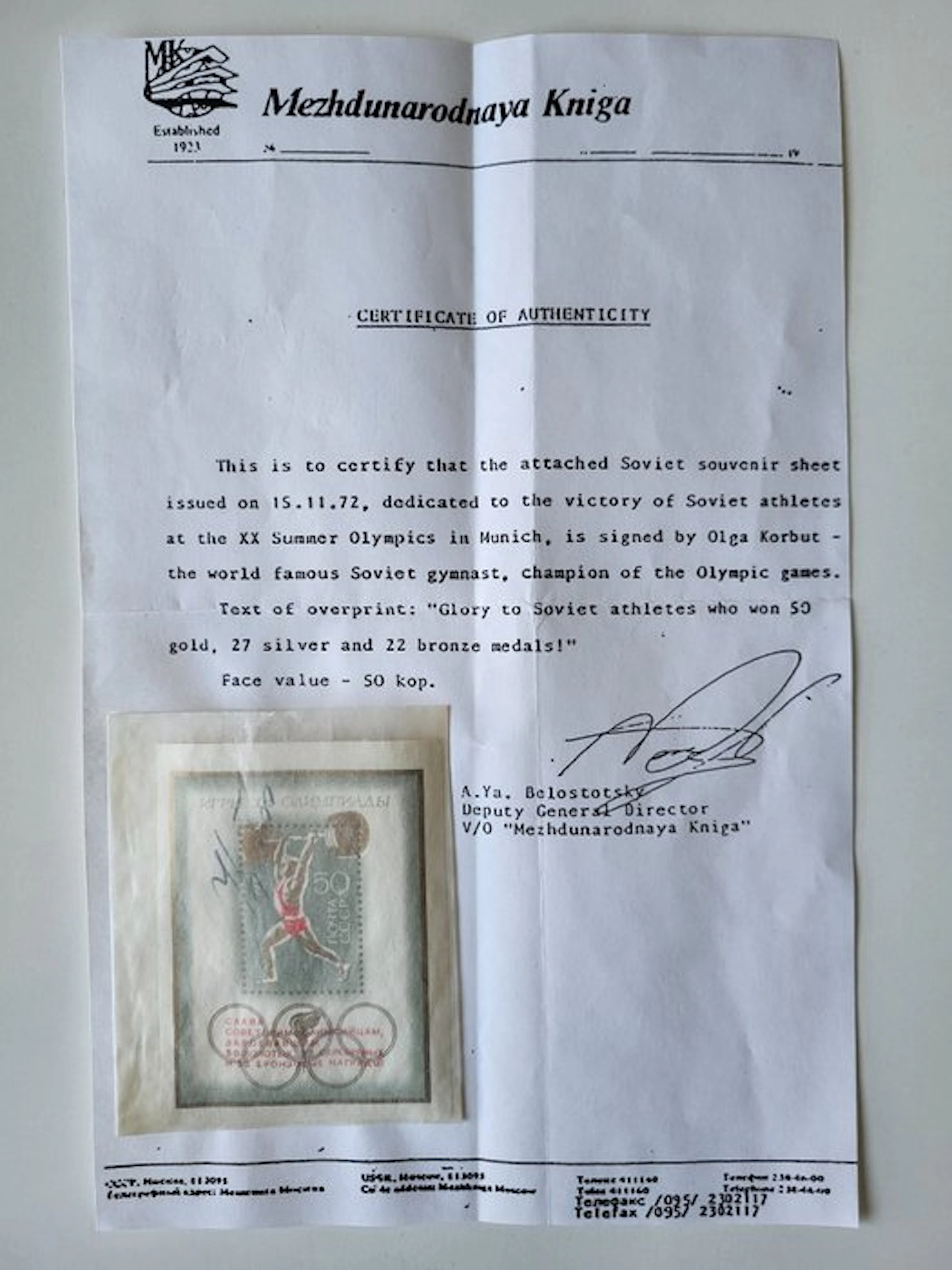 Soviet Union - 1972 Olympic Games, original autograph of Olga Korbut - Block 80