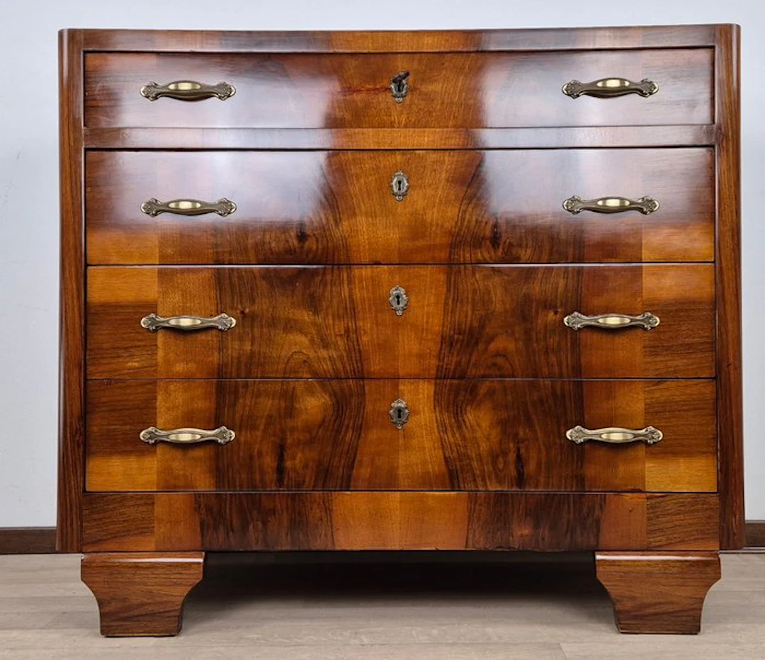 Comò Art Déco Friulano 1940 - Chest of drawers - Walnut Burl - Walnut - Brass