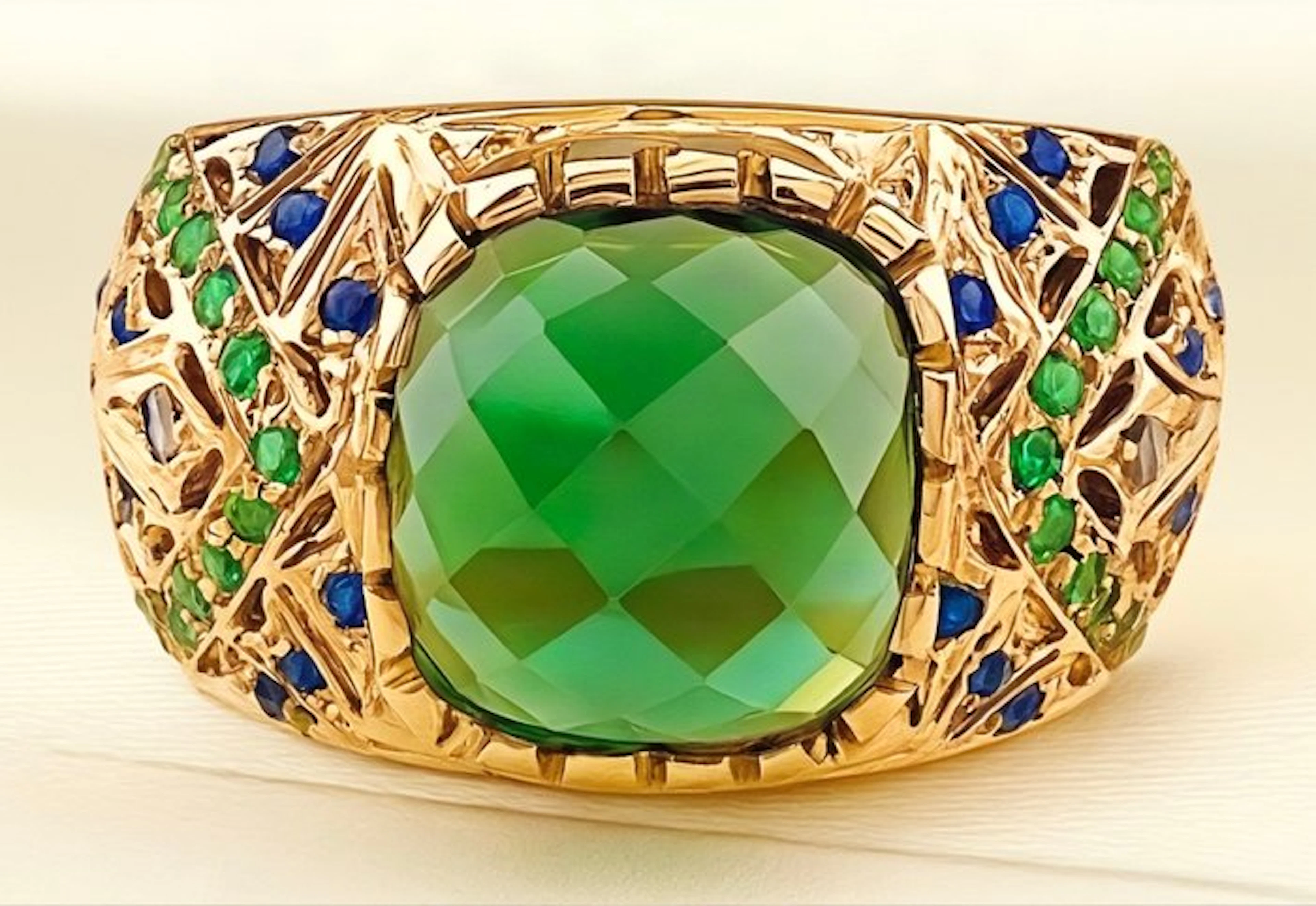 No reserve price - Ring - 9 kt. Yellow gold, Silver Tourmaline - Sapphire
