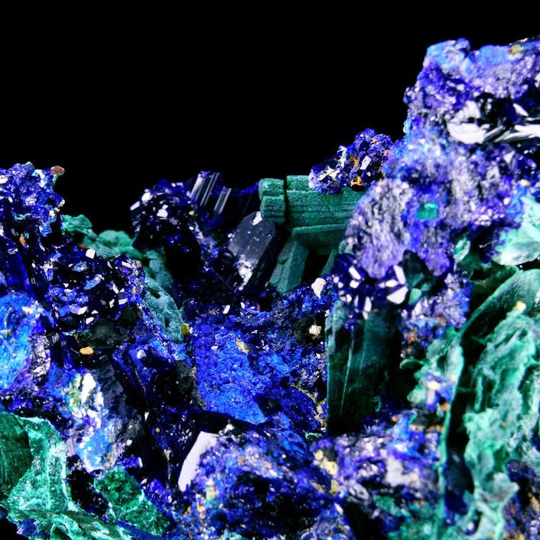 Azurite (two generations) with Malachite perimorph - Touissit