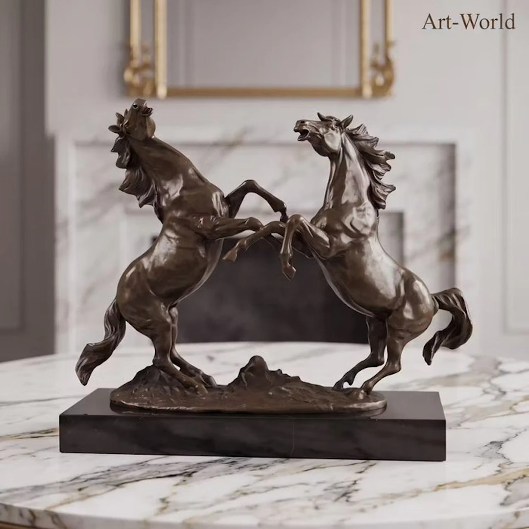Statue, Twee steigerende paarden 42 cm / 12.2 kg - 36.5 cm - Bronze, Marble