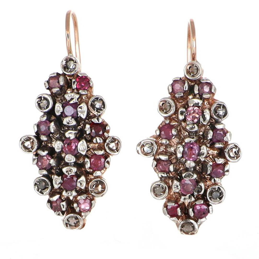 No reserve price - Earrings - 12 kt. Rose gold, Silver Ruby - Diamond