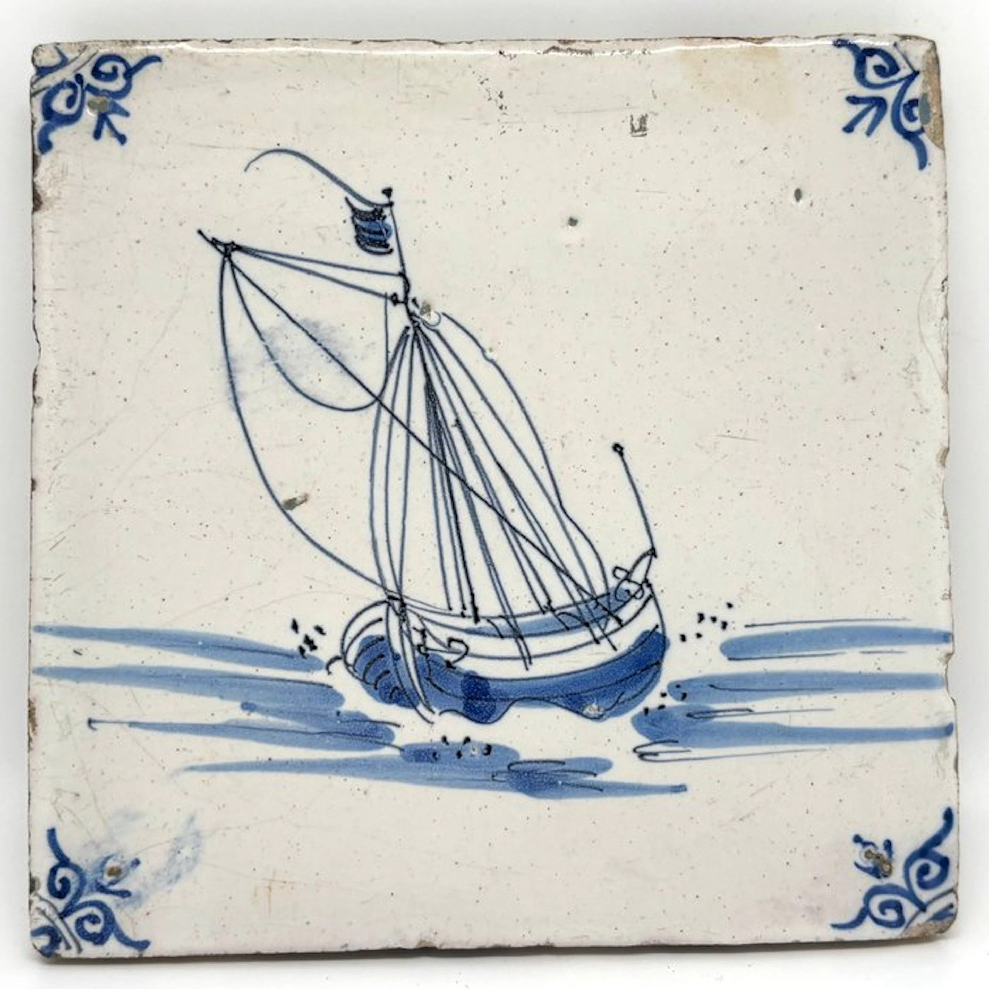 Antique Tile - Antieke Delftsblauwe tegel met schip - Antique - 17th century (c