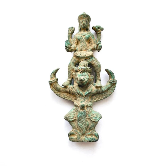 Ancient Indochinese Bronze Vishnu on Garuda Statuette Idol Bead Talisman