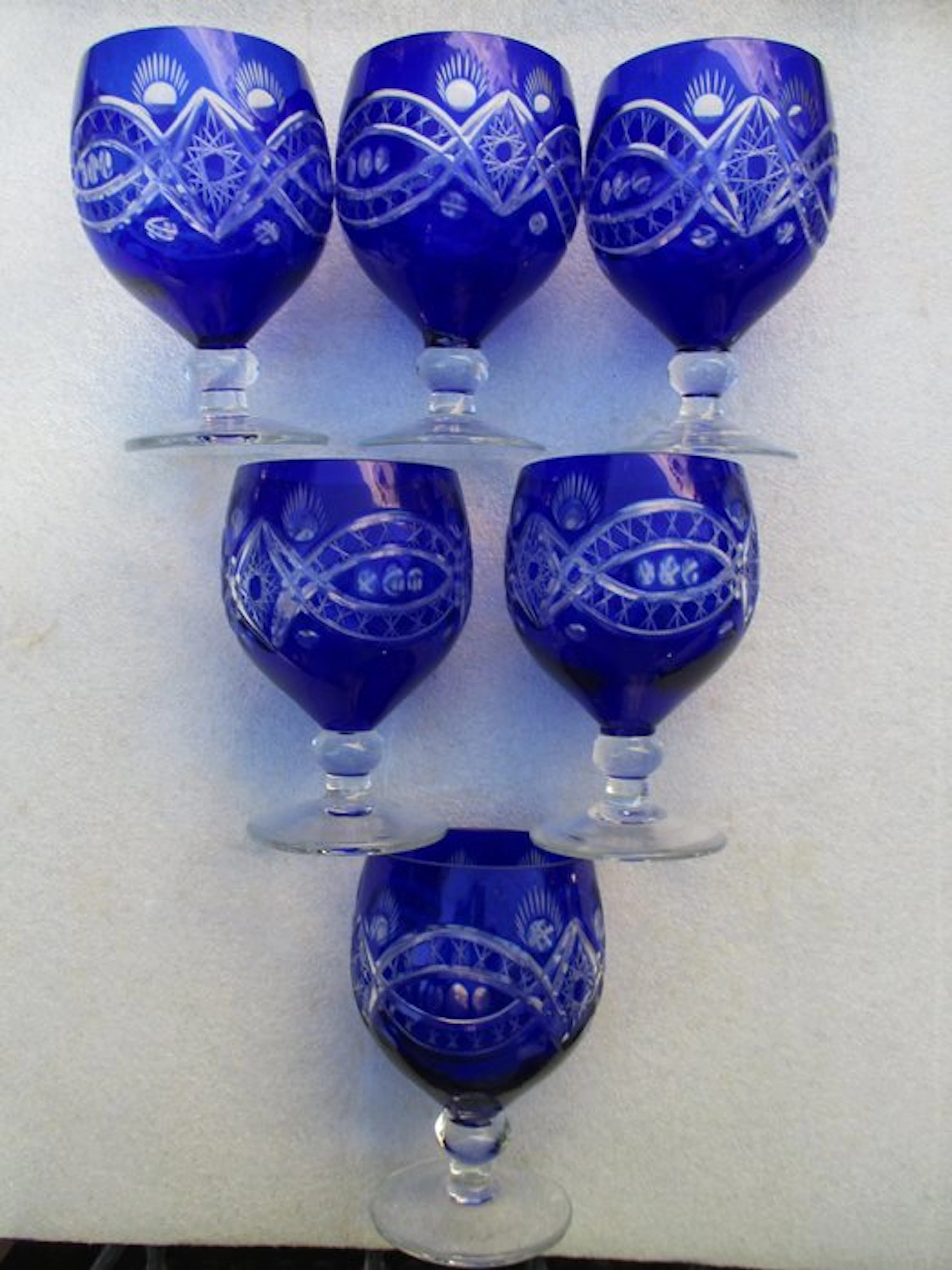 Cristal overlay, Bohême ou Val Saint Lambert - Wine glass - 6 Port glasses.