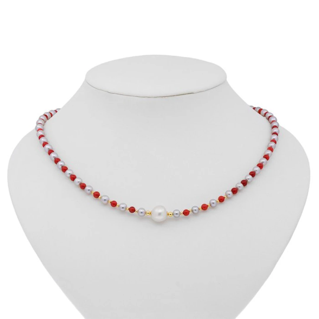 No reserve price - Necklace - 18 kt. Yellow gold Pearl - Pearl - Red Coral