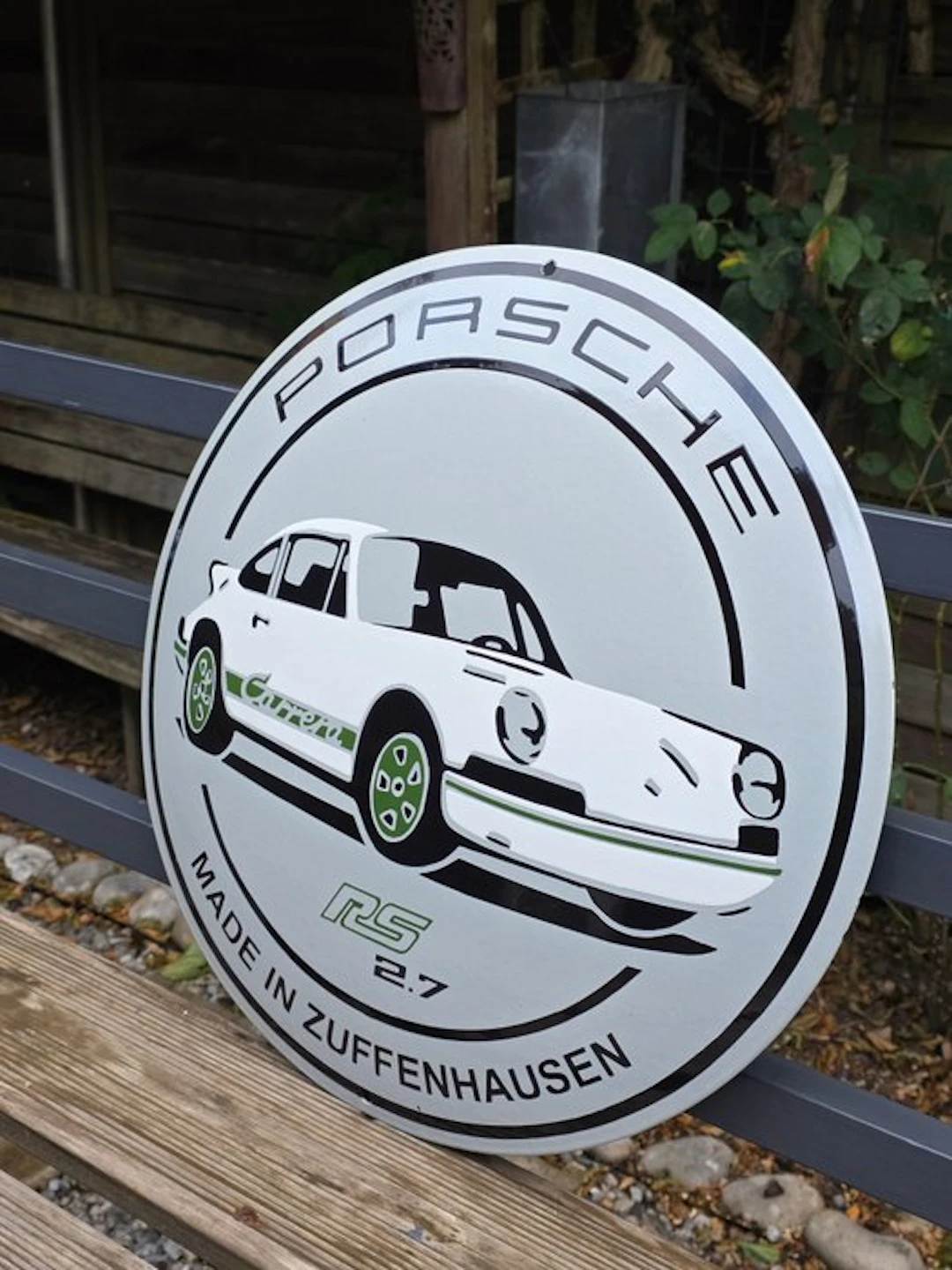 Enamel sign Porsche RS 2.7 – "MADE IN ZUFFENHAUSEN" – Ø...