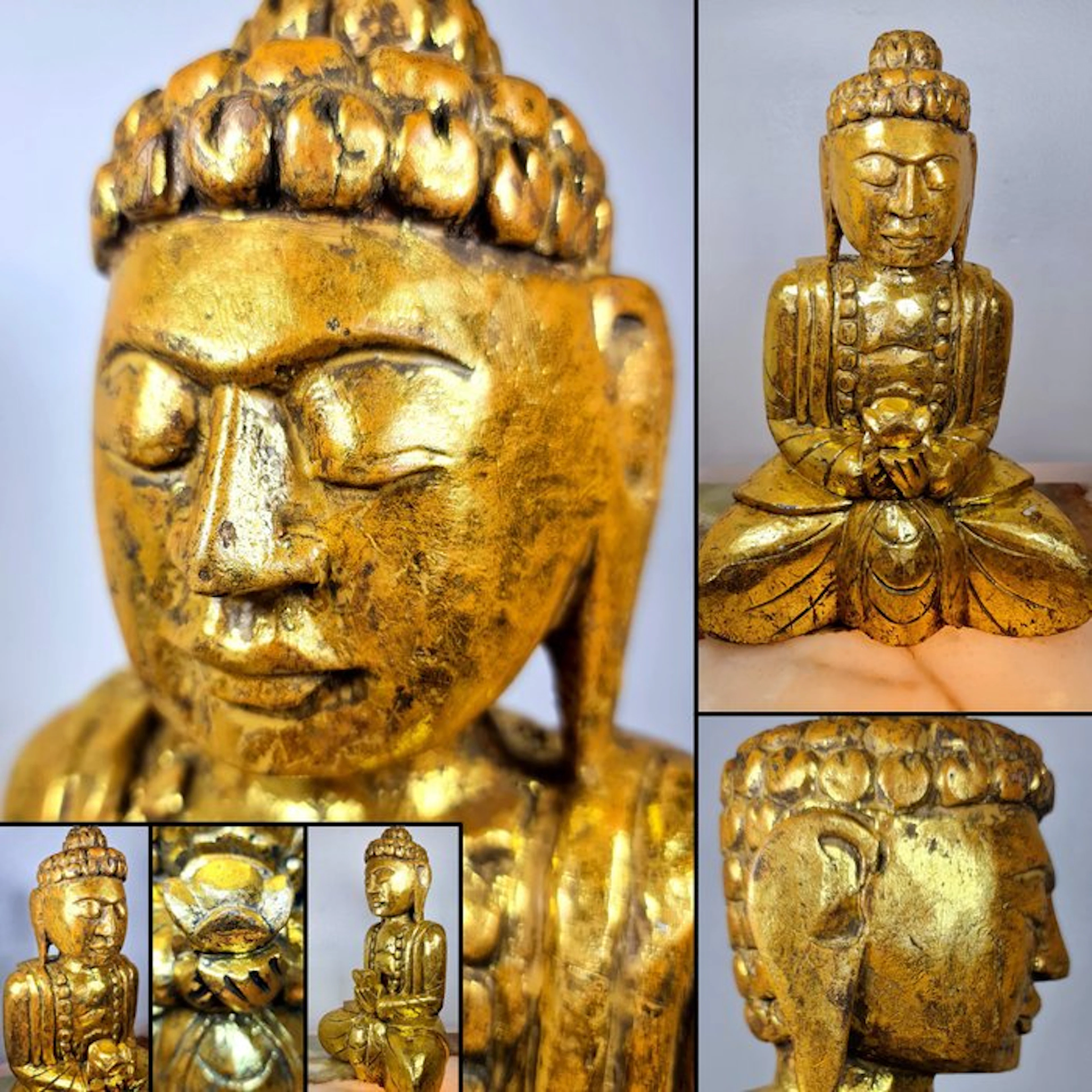 Superbe bouddha Mandalay en bois sculpté et laqué or...