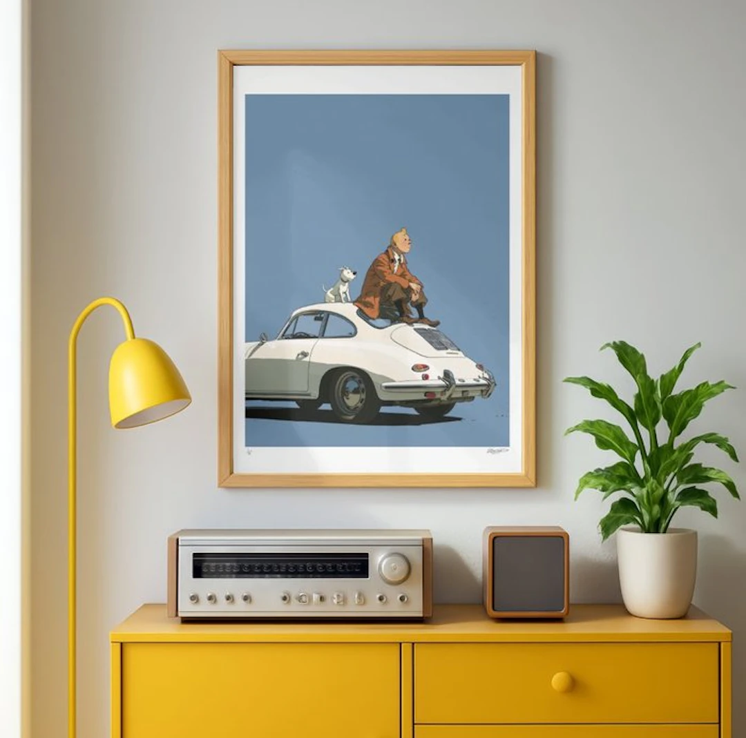 EGO - Tintin and Milou – Porsche 356 – 1/5 Signée COA – 40 × 60 cm