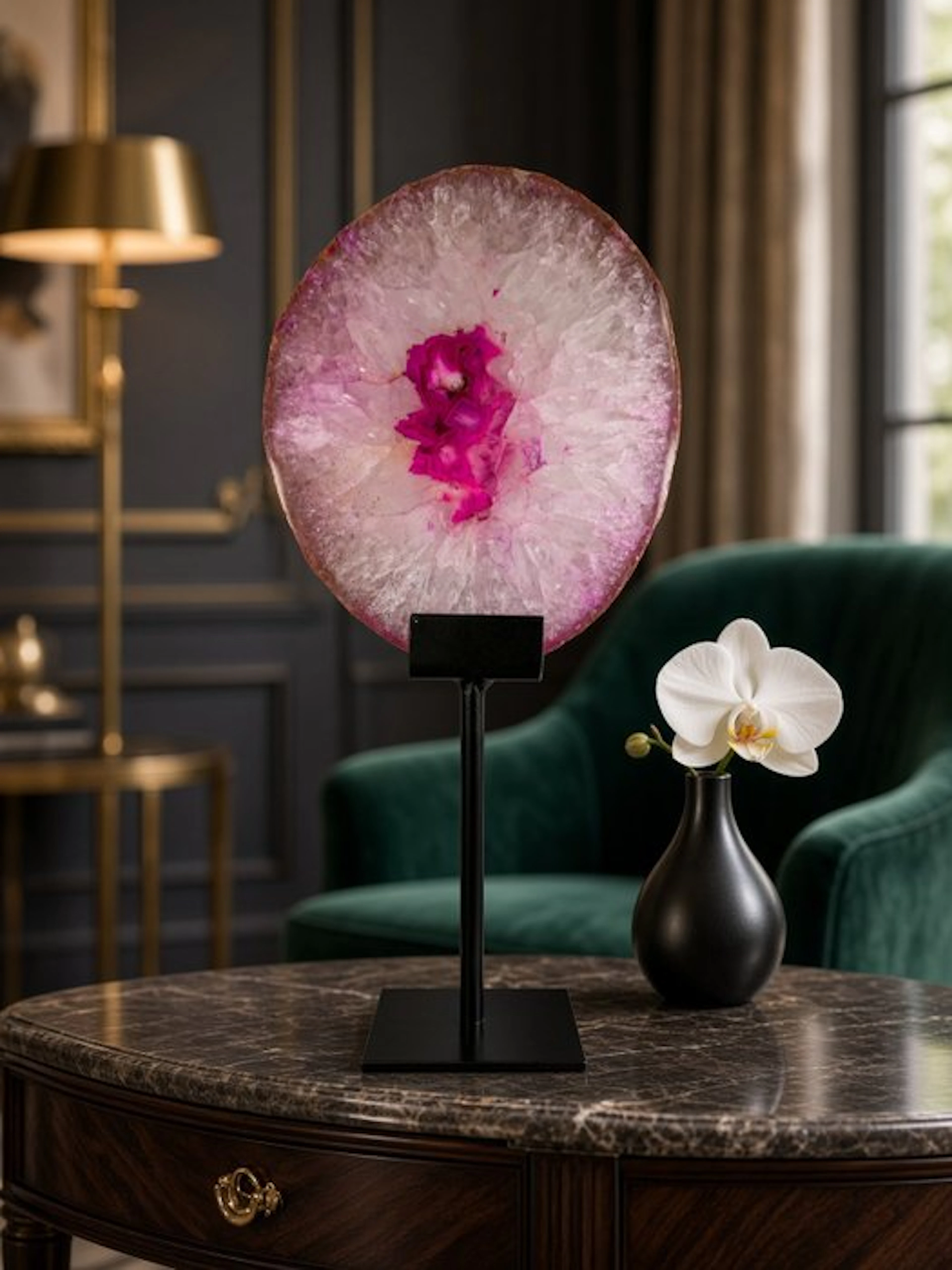Very unique pink-colored agate slice on a stand