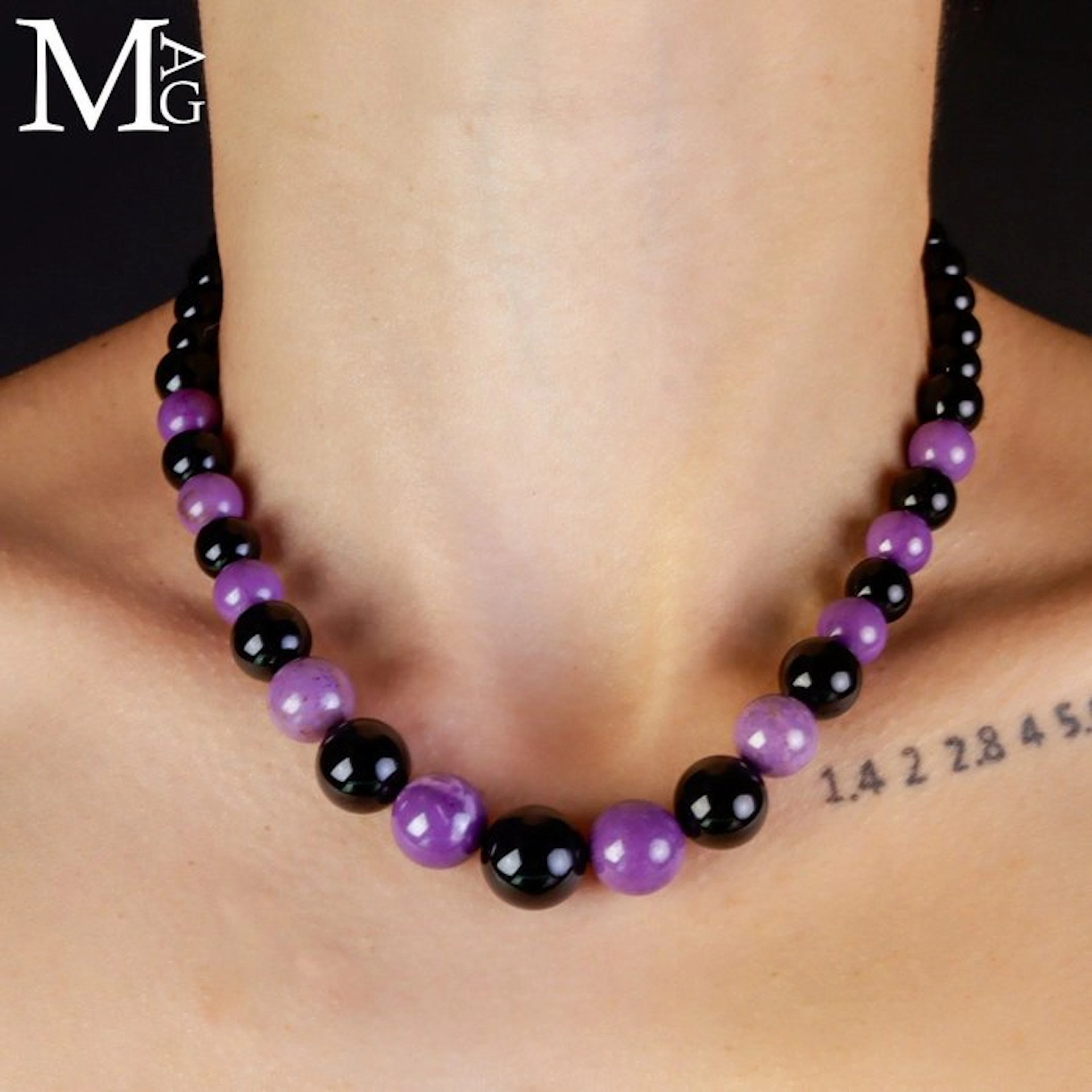 Elegant Phosphosiderite & Black Onyx Bead Necklace - 925...