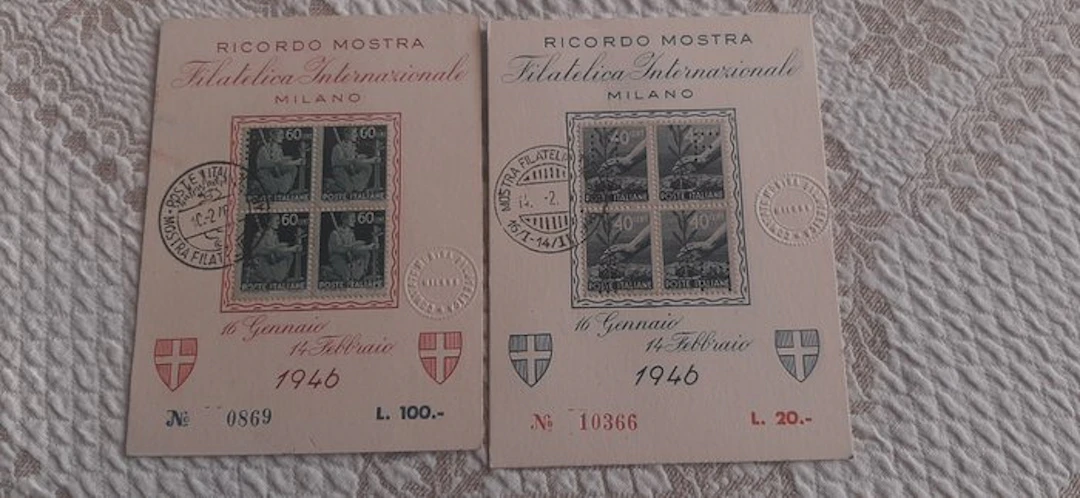 Italy 1946 - Two blocks of four on cardboard for the...