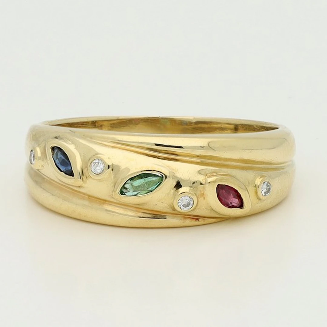 Ring - 18 kt. Yellow gold Emerald - Diamond - Ruby/Sapphire