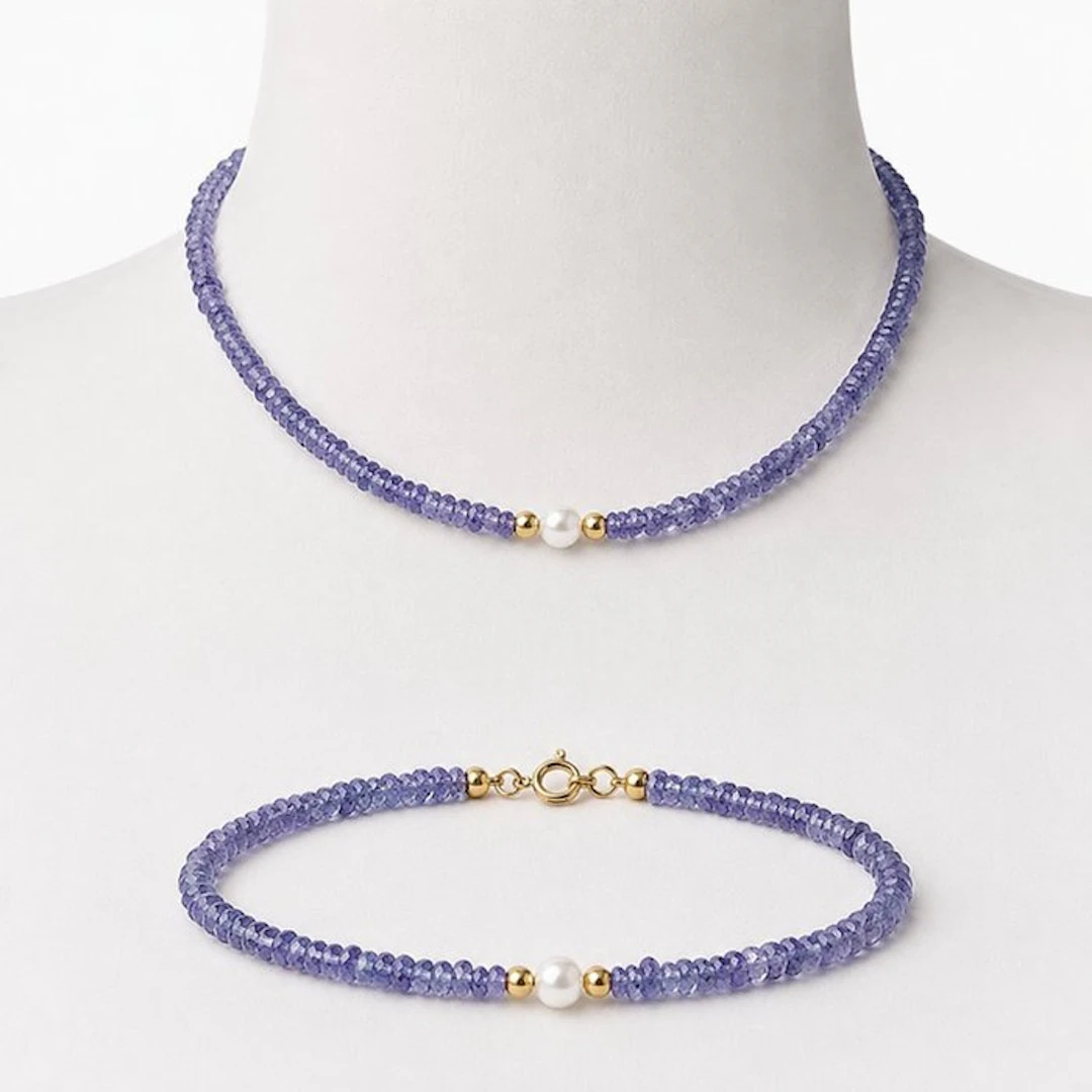 No reserve price - Necklace - 18 kt. Yellow gold Tanzanite - Pearl