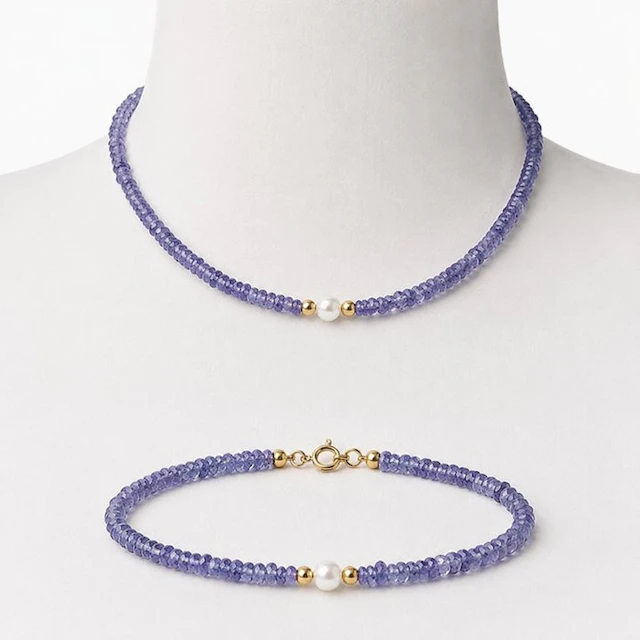 No reserve price - Necklace - 18 kt. Yellow gold Tanzanite - Pearl