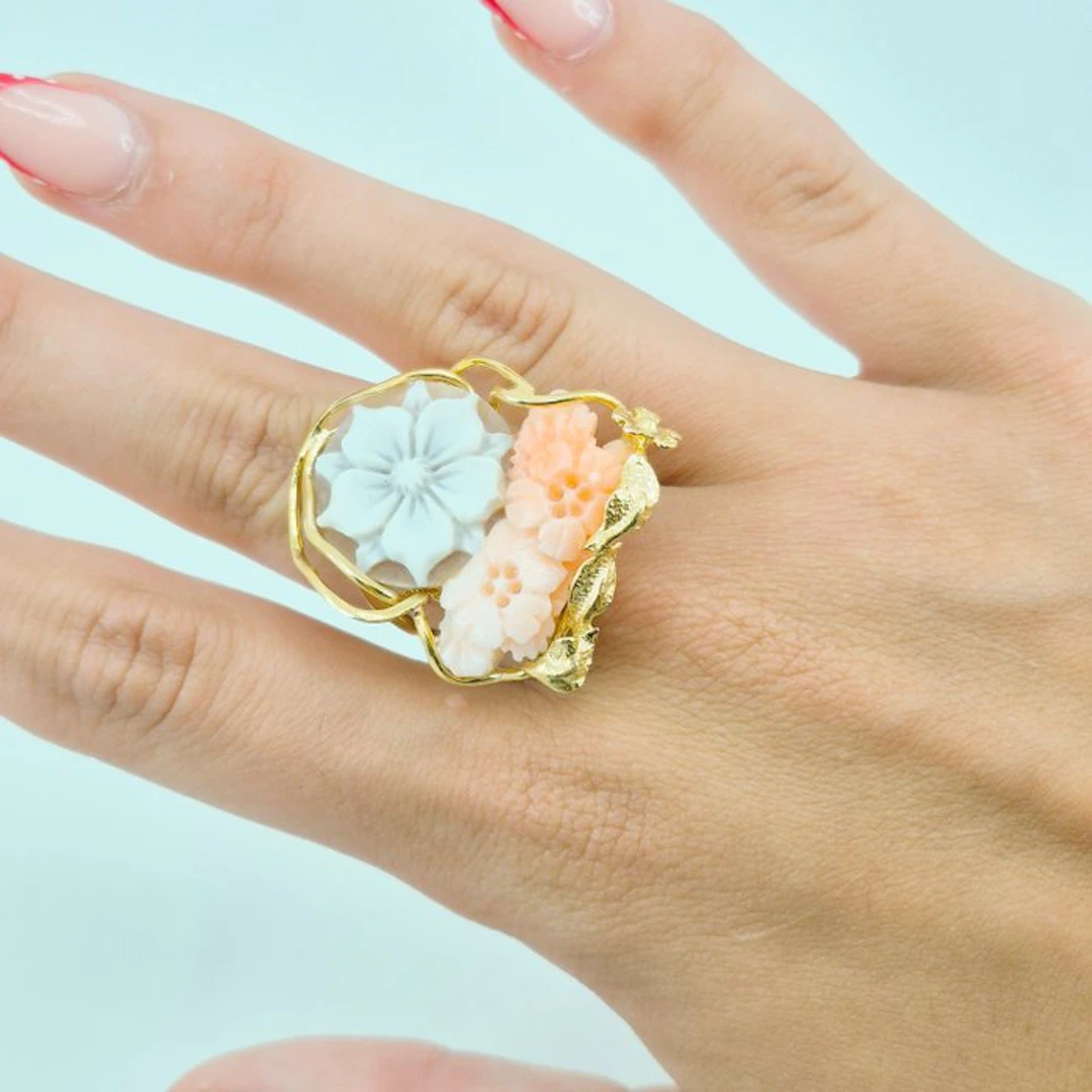 Coral - Silver, Gold-plated - Ring - Pink coral and cameo