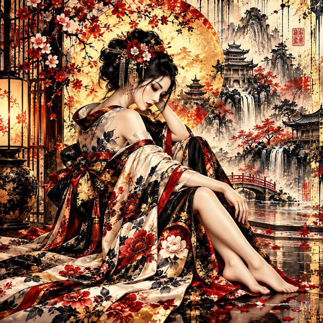 NYX - Le Crépuscule des Fleurs Écarlates – Geisha sous la Lune d'Or