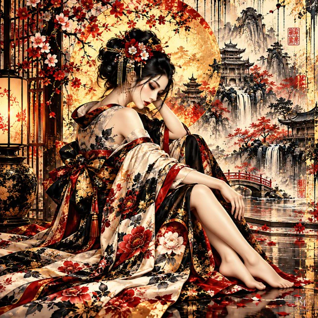 NYX - Le Crépuscule des Fleurs Écarlates – Geisha sous la Lune d'Or