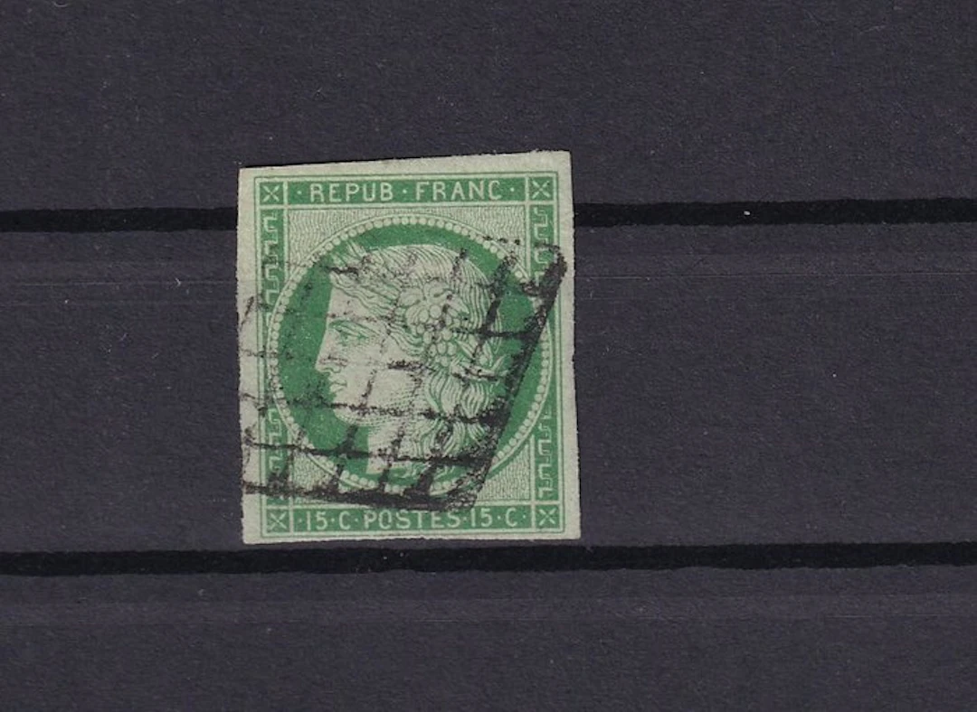 France 1850 - Rib €1100, intact fillet Cérès 15c green - Yvert °2
