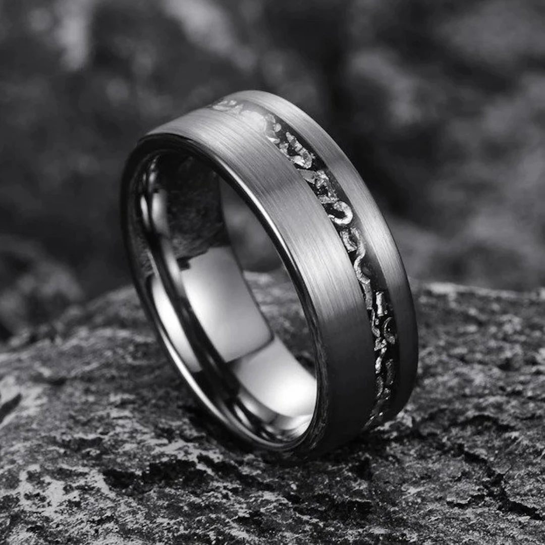 Tungsten ring. Meteorite inlays. The energy of the universe in your hands.- 7 g