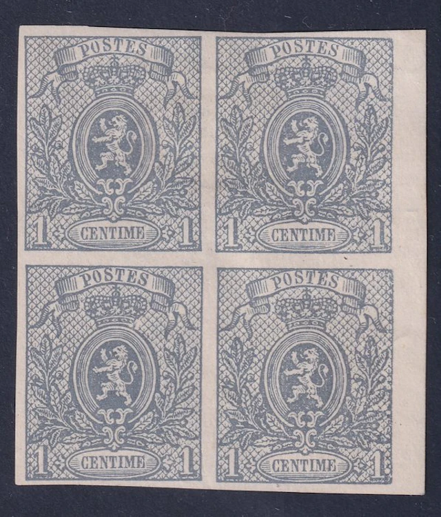 Belgium 1866 - Small Lion - 1c gray mint, block of 4 - OBP/COB 22