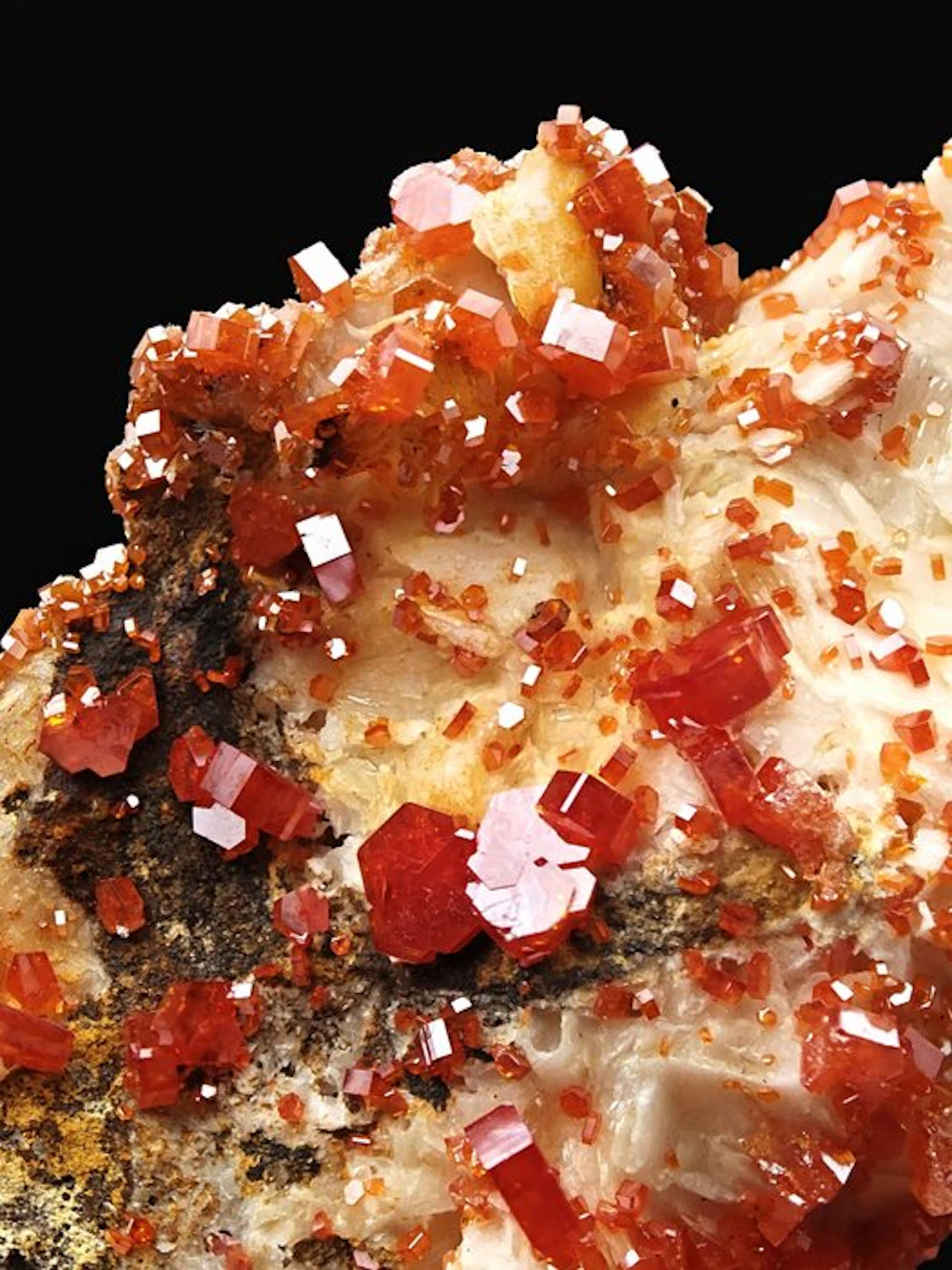 Blood-red vanadinite on white barite Crystals on matrix...