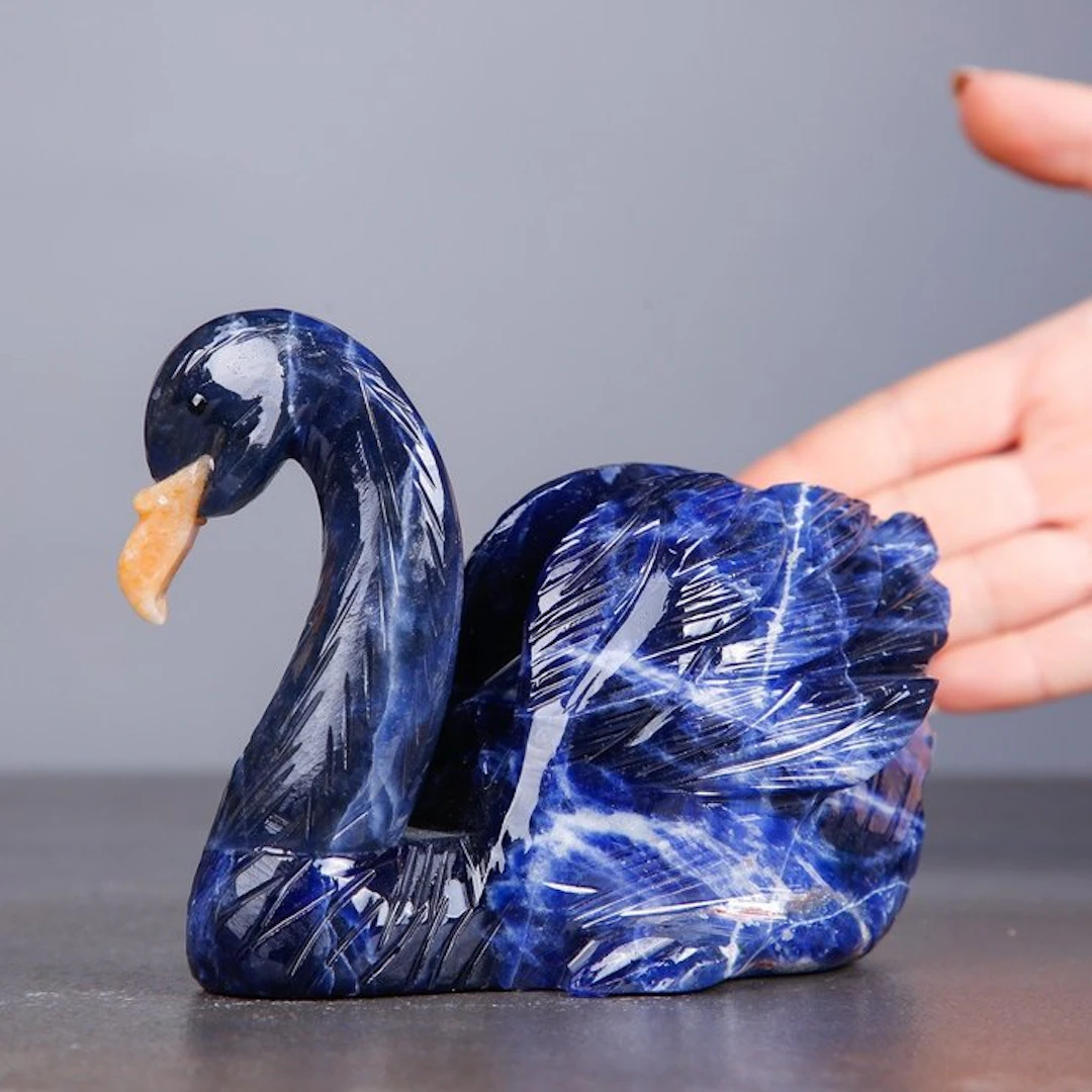 Hand-Carved Deep Blue Sodalite Swan - Extremely Detailed...