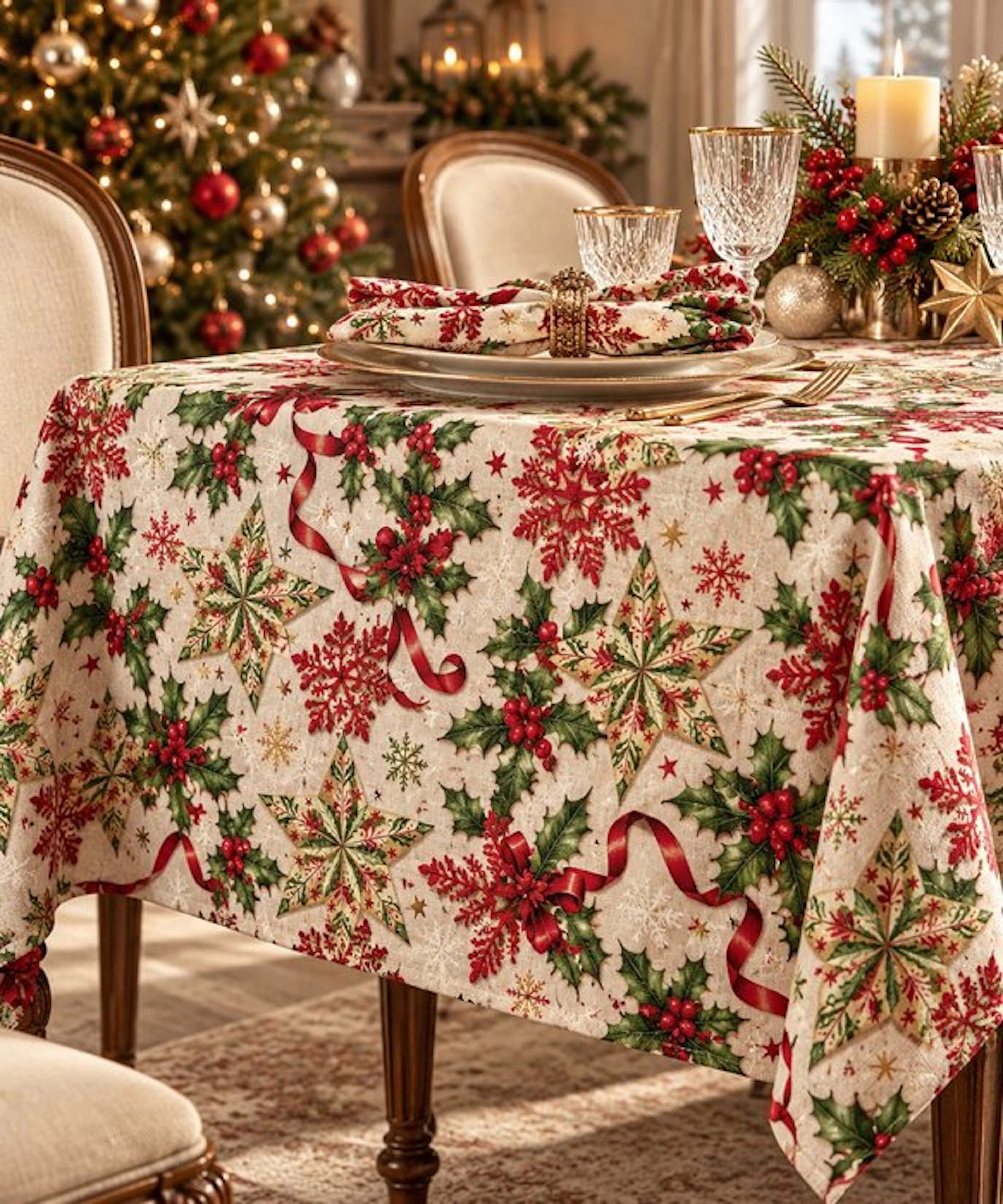 Christmas Enchantment – Snowflakes and Holly - Textile - 280 cm - 250 cm